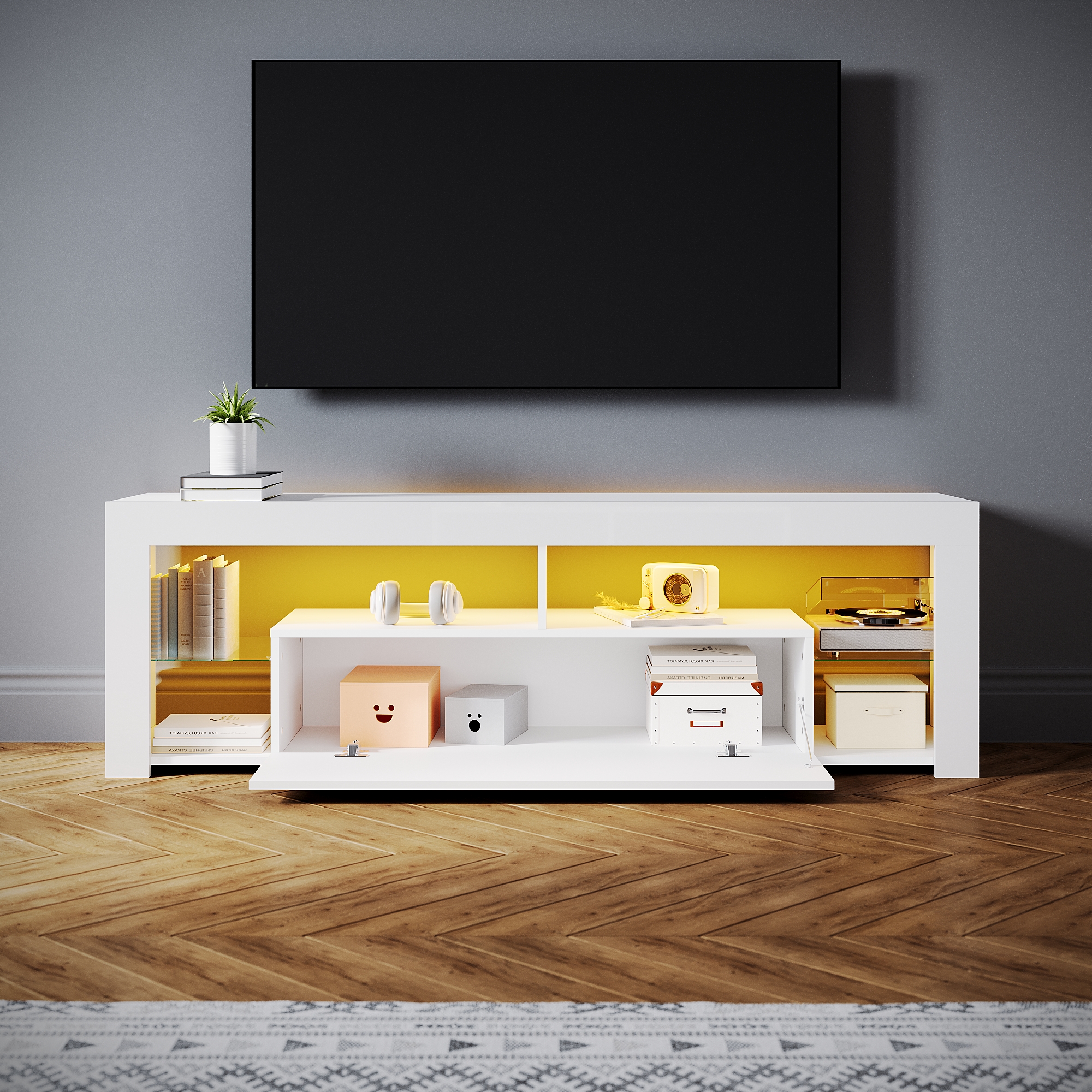 SIRHONA Meuble TV LED Rangement Moderne Sans Poignées + Etagères en Verre + Blanc + 160 cm - 2