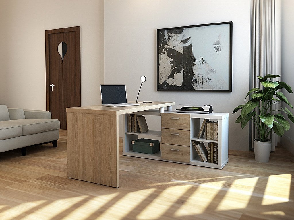 Bureau d'angle avec rangements ALDRIC III - Blanc & Chêne - 6