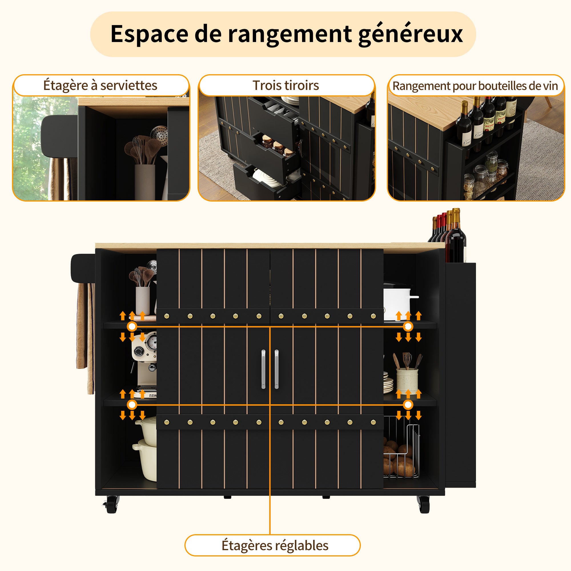 Buffet cuisine avec plan de travail, Chariot à roulettes avec tiroirs, Desserte cuisine avec étagère à épices et porte serviettes,Noir 110x42x90cm - 8