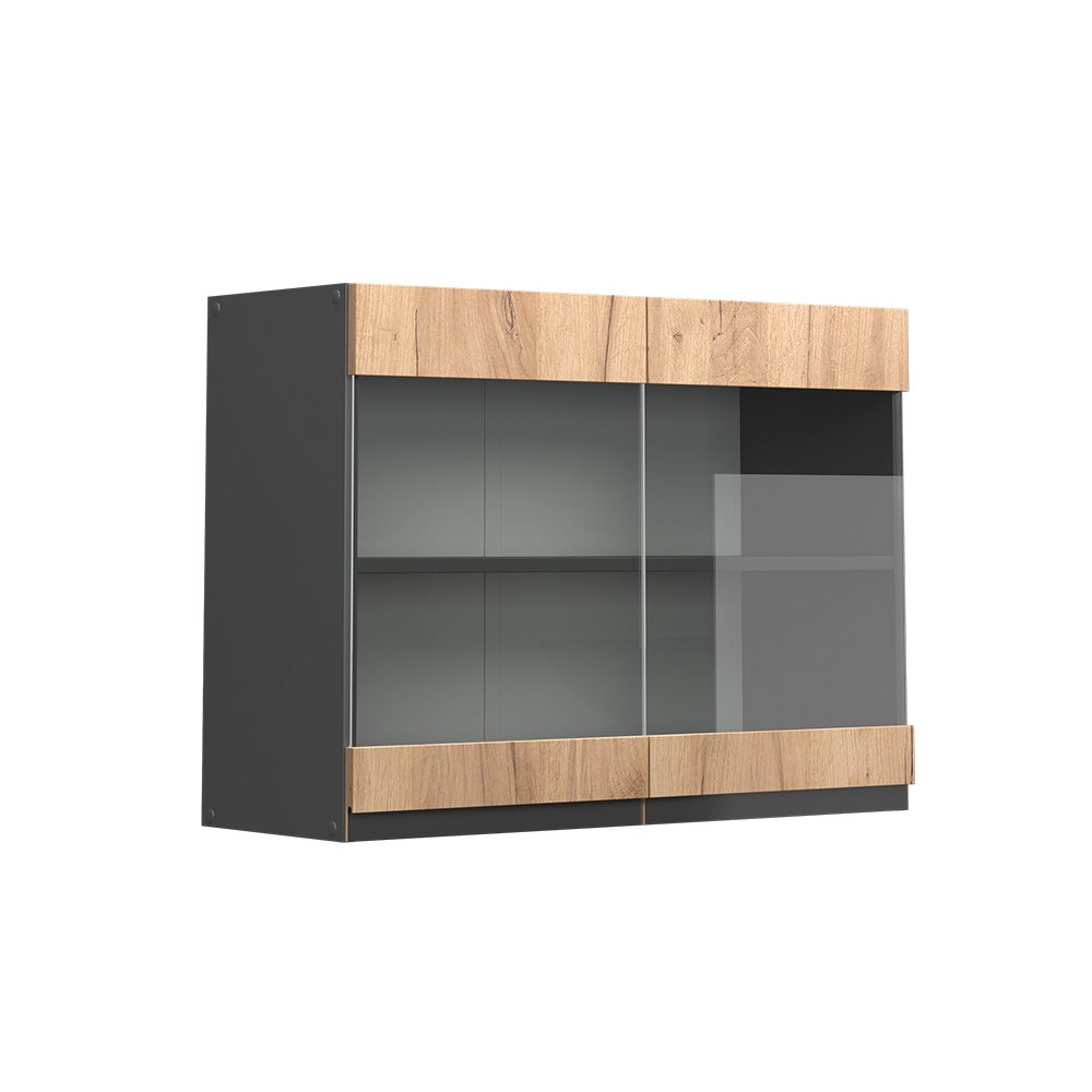 Vicco Szklana szafka kuchenna R-Line, Złoty dąb energetyczny, 80 cm J-Shape