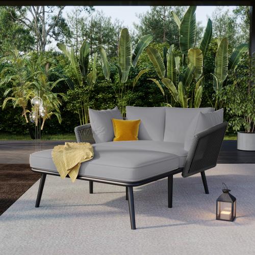 Sofa ogrodowa z 2 poduszkami i leżanką, meble ogrodowe i patio