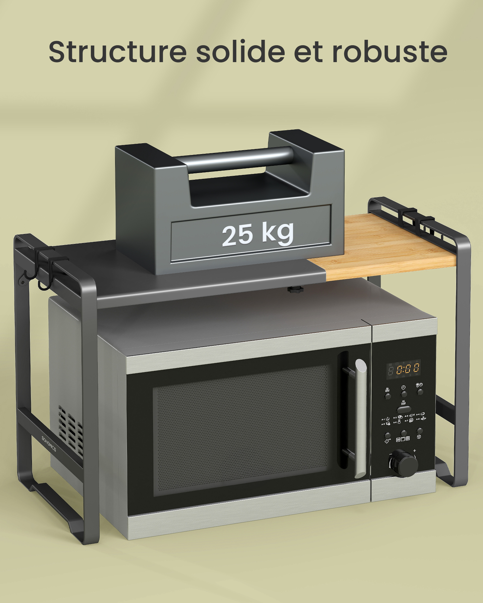 Étagère pour Micro-ondes, Extensible, Support pour Mini Four, Largeur Réglable de 41,5 à 64 cm, Acier et Bambou, 4 Crochets, Noir et Bambou - 4