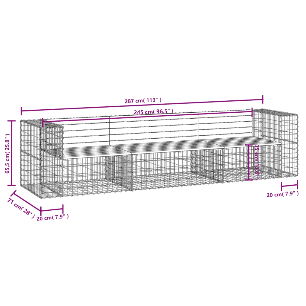 Banc de jardin design gabion 287x71x65,5 cm bois massif de pin vidaXL - 3