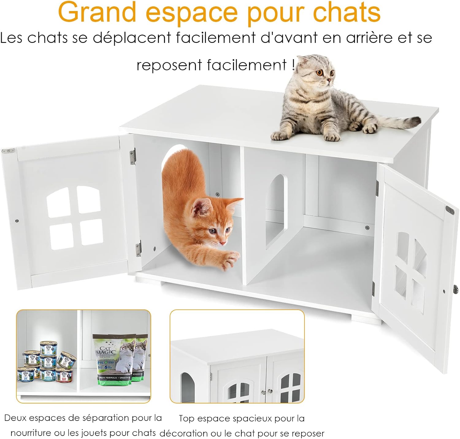 Caixa de areia para gatos, Caixa de areia para gatos com 2 portas, orifícios de ventilação, para sala de estar, quarto, 81 x 53 x 49 cm, branco - 8