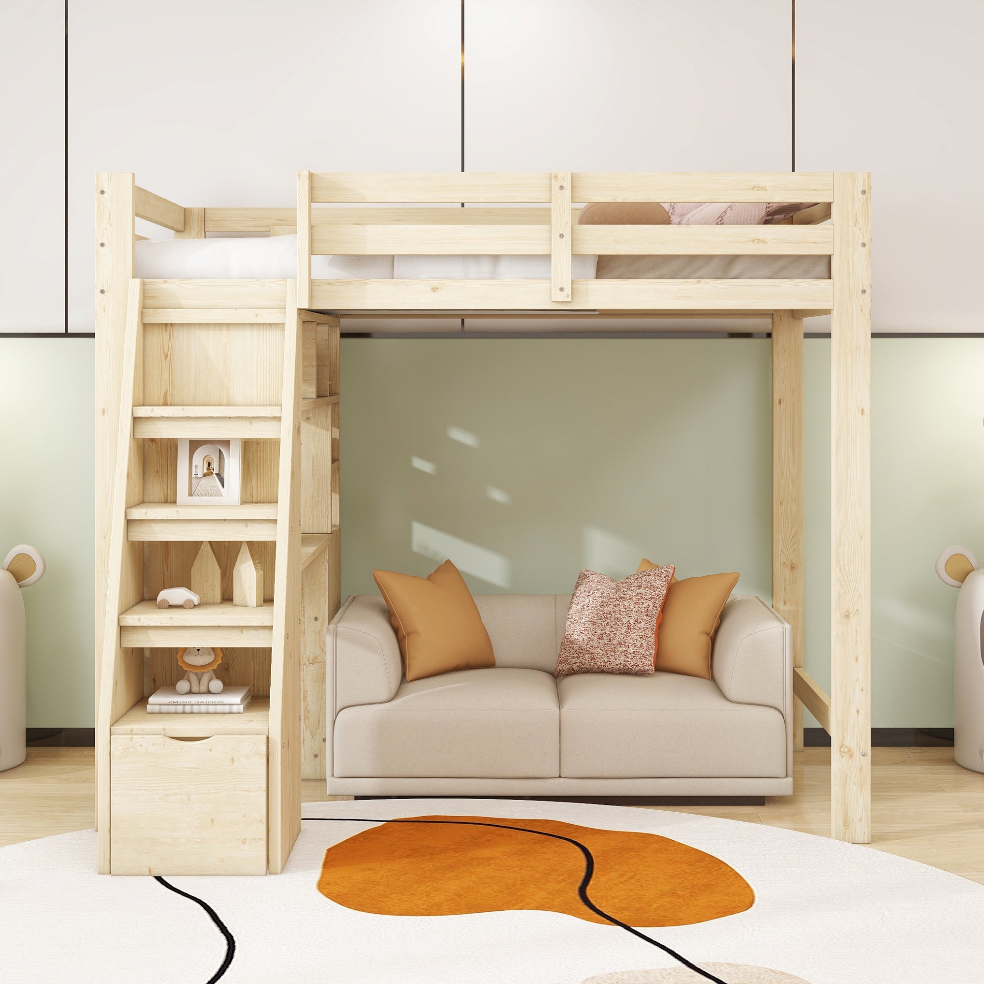 Lit mezzanine 90x200cm en bois - avec étagères et tiroirs - naturel ...