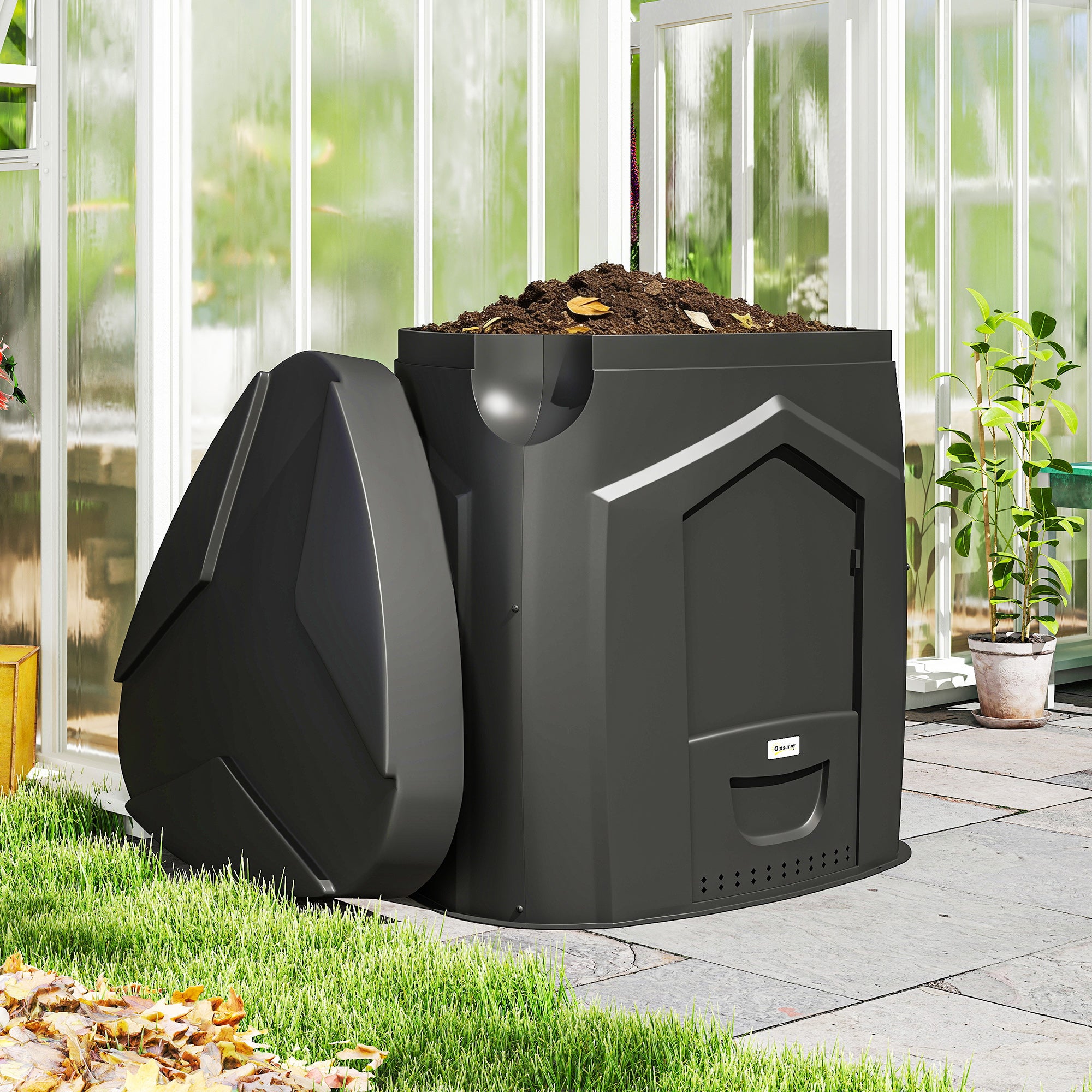 Composteur de jardin, 240L, bac à compost extérieur, en polypropylène, 3 Portes, 66 Aérations, 78 x 75 x 78 cm, Noir - 3