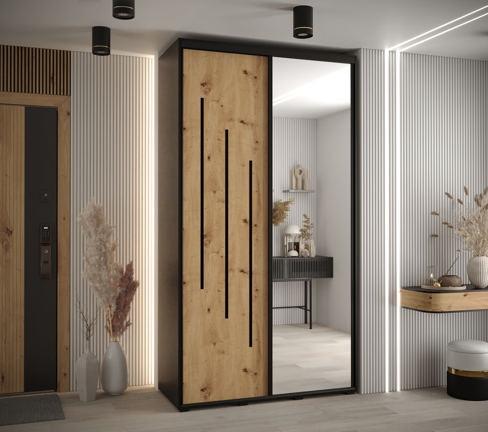 Szafa przesuwna z lustrem wysoka Davos 9 140 x 60 x 235,2 cm czarny + artisan + u. czarny - Abiks Meble - 2
