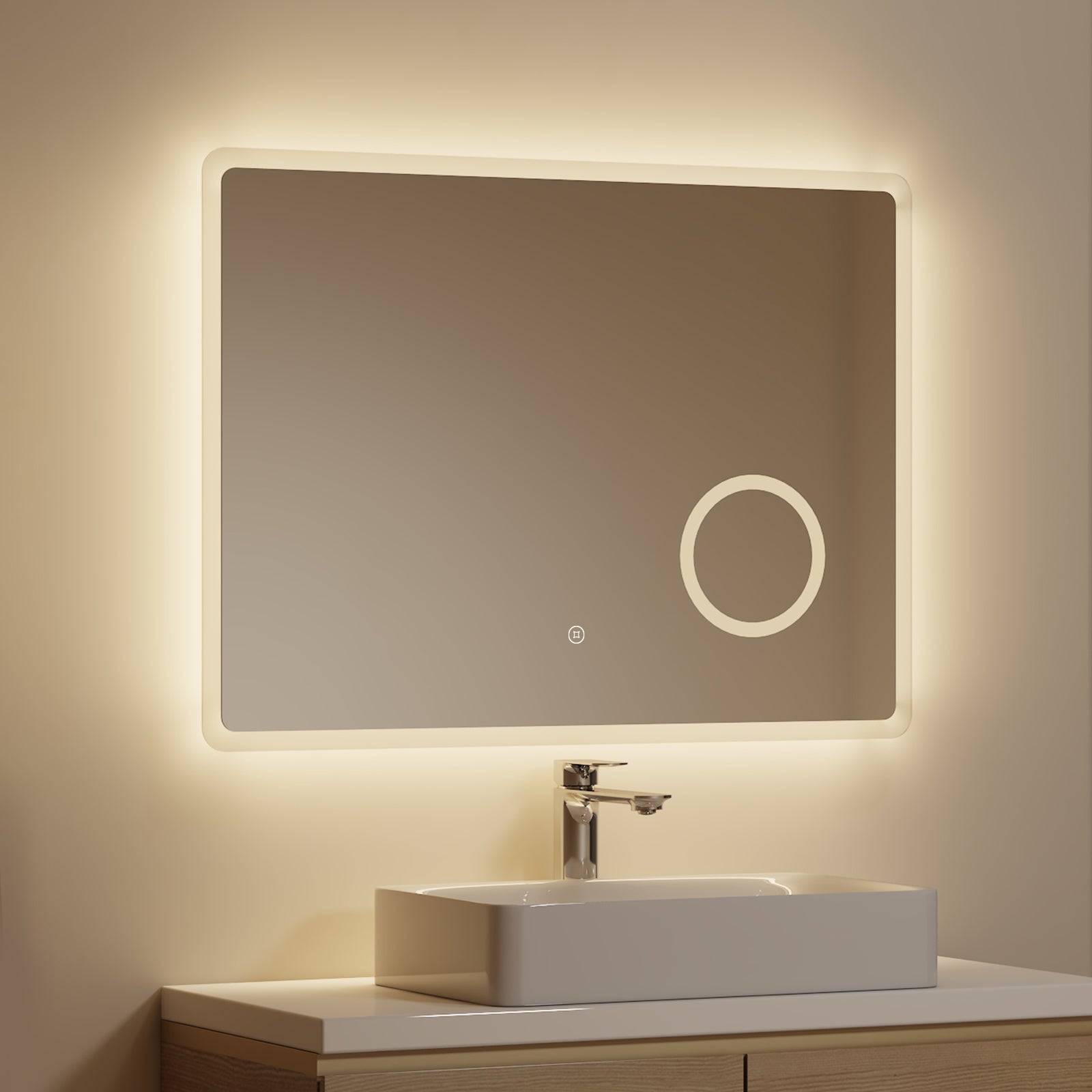 EMKE Lustro łazienkowe z oświetleniem LED 80x60 cm, z 3 barwy światła, możliwość ściemniania, przeciwmgielne, 3-krotne powiększenie, funkcja pamięci