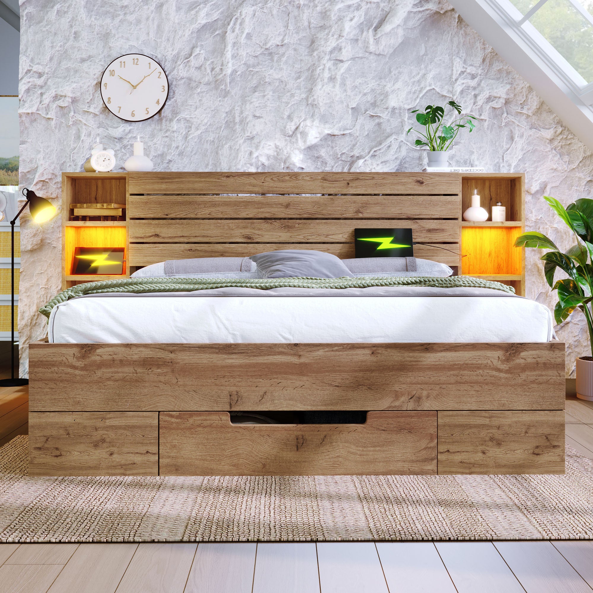 Lit Double 160x200 avec LED et USBC, Lit Industriel avec tête de lit et tiroirs de Rangement, Chêne (Sans Matelas) - 9