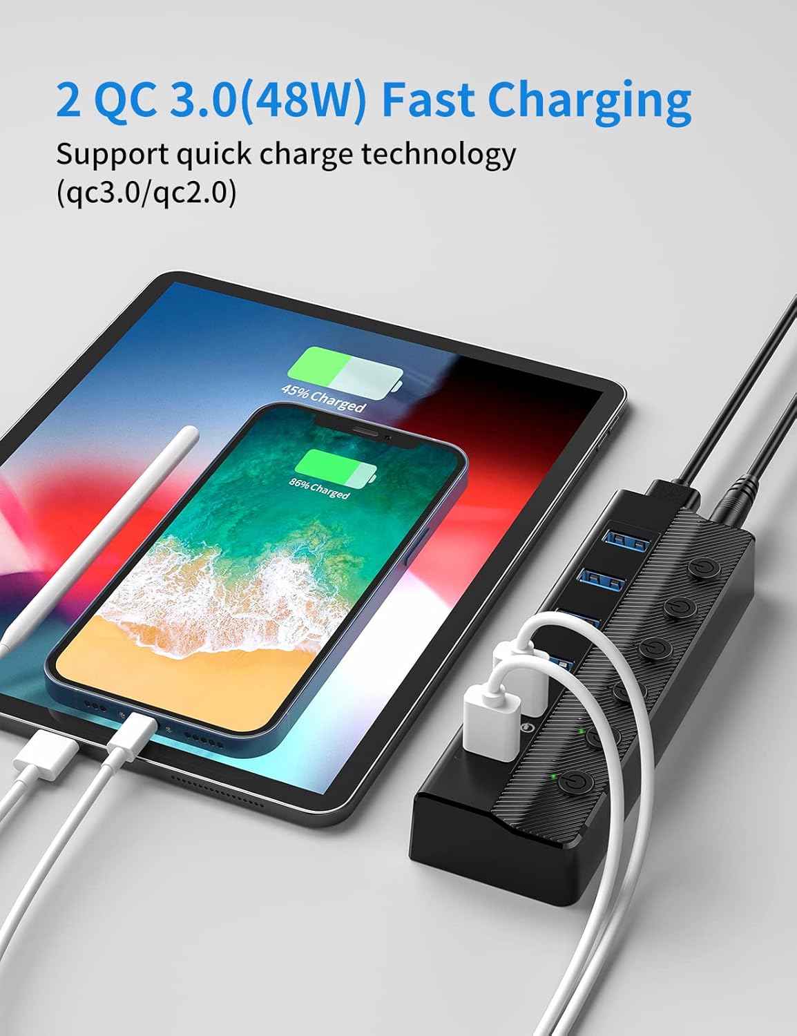 Zasilany koncentrator USB 3.0, koncentrator USB z 6 portami (4 porty danych USB 3.0 i 2 porty ładowania QC 3.0) z indywidualnymi przełącznikami włącz - 5