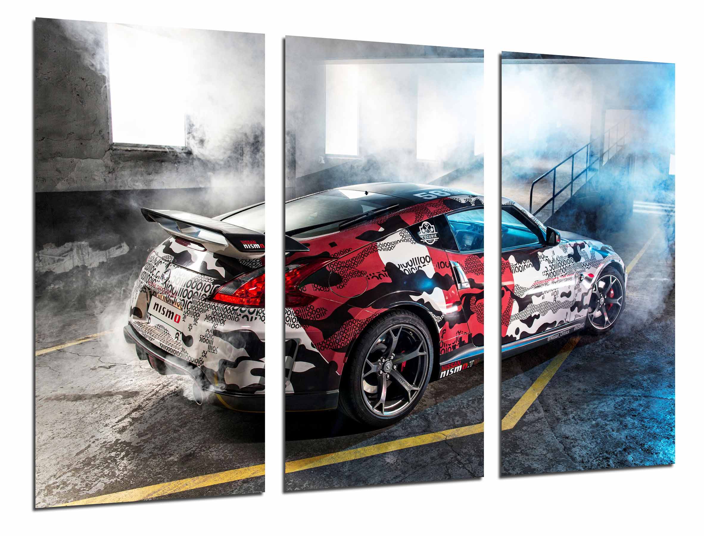 Coche carreras rally nissan mismo, garaje con humo, impresión fotográfica sobre madera, cuadro moderno decorativo