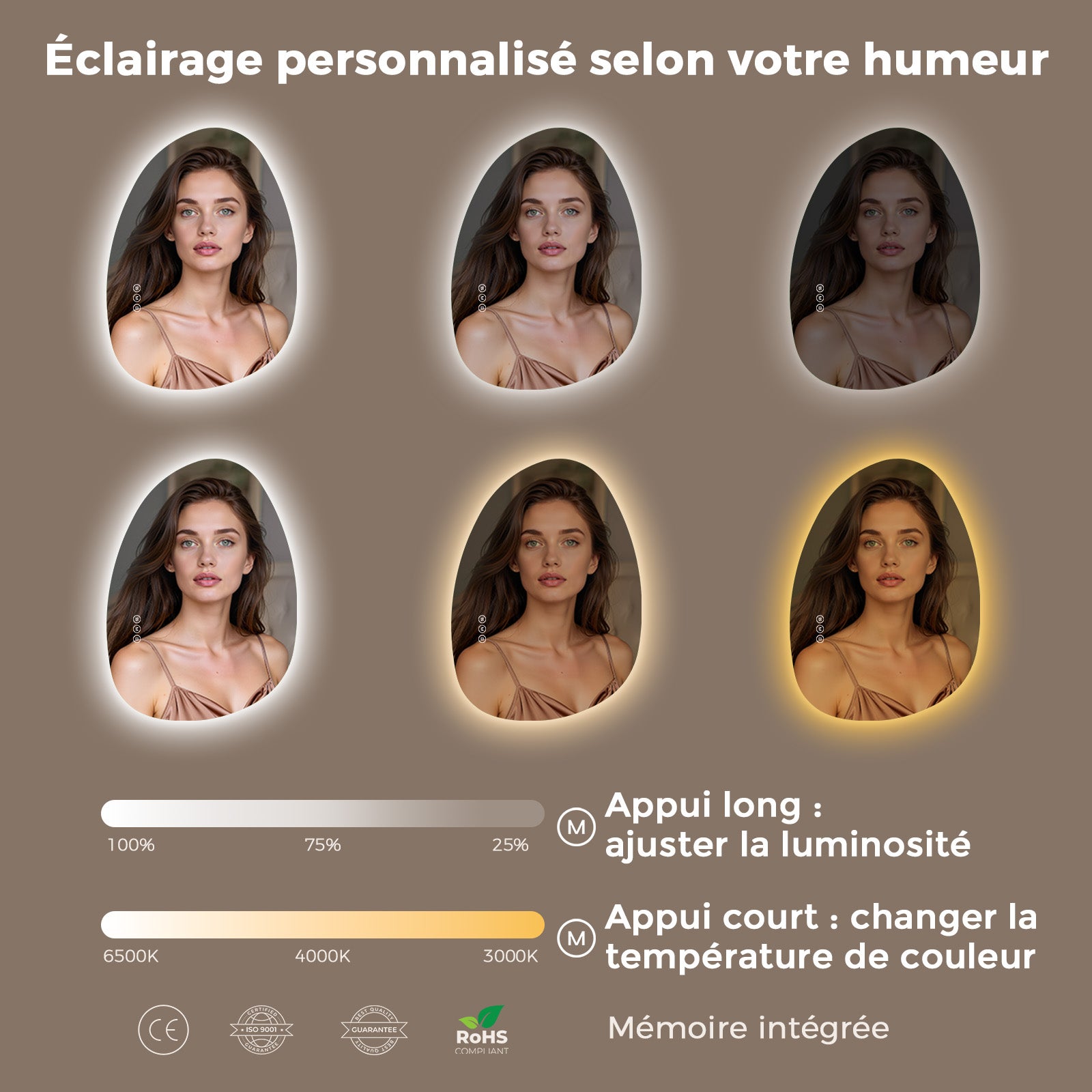 S'AFIELINA Miroir lumineux 60 × 45 cm Asymétrique 3 couleurs de lumière et luminosité ajustable - 2