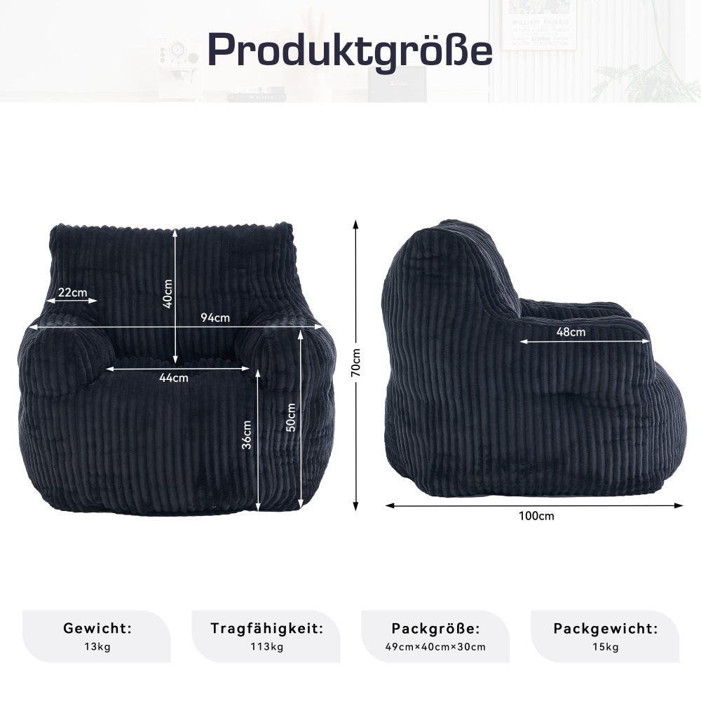 Fauteuil poire noir​ en velours côtelé, rembourrage mousse, chaise lounge confortable, tissu doux, siège salon chambre, design moderne - 2