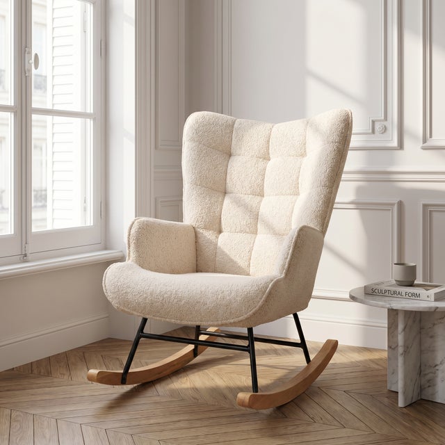 Fauteuil à Bascule, Rocking Chair d'Allaitement - Structure en métal et pieds bois massif, Maximale : 150 kg, Tissu Peluche Teddy, Beige, 75x68x92 cm