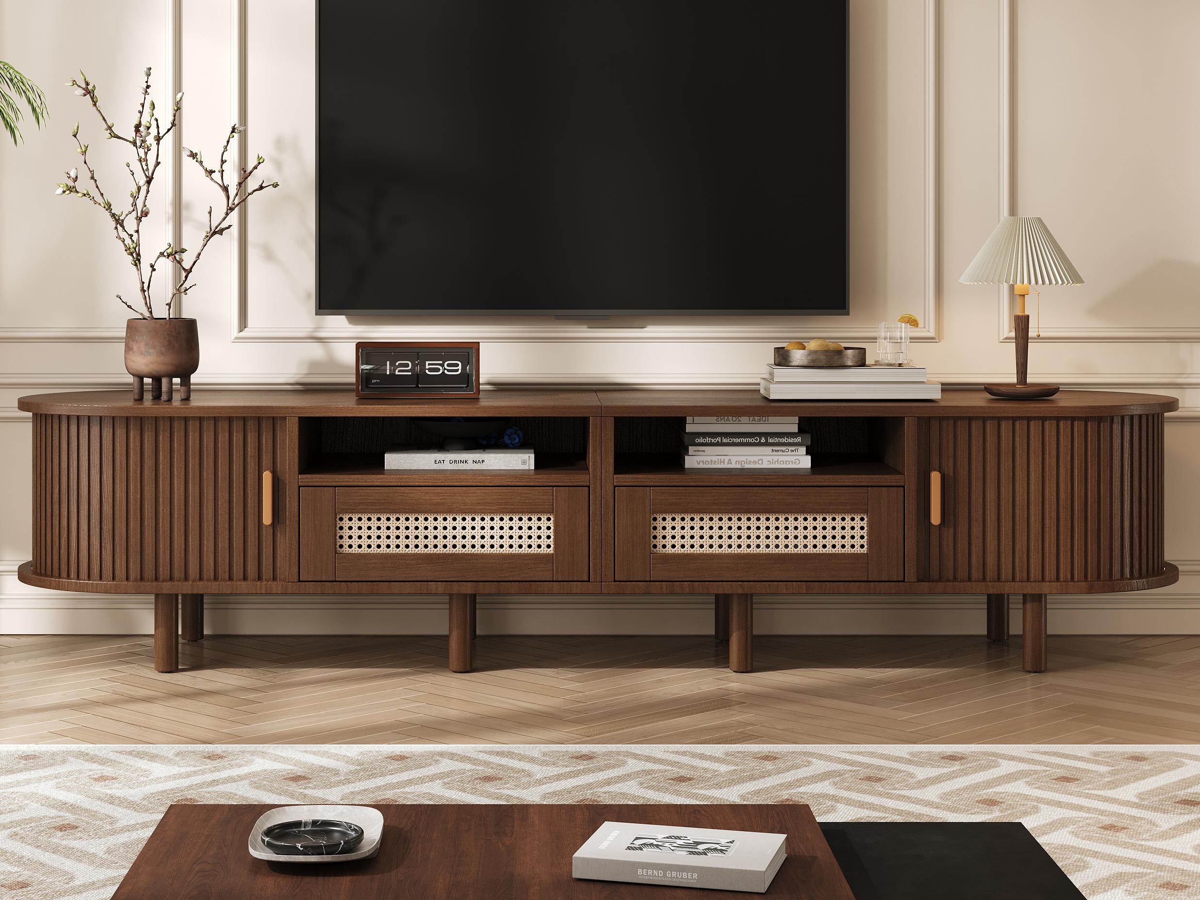 Stolik pod TV 170x40x40cm - z 2 szufladami rattanowymi - 2 drzwiami przesuwnymi - MDF - brązowy
