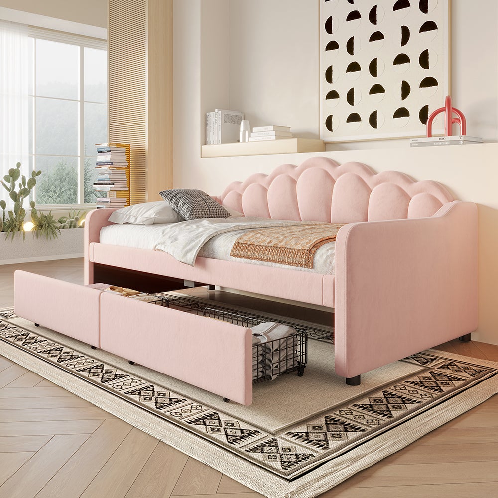 Letto Singolo Con Cassetti E LED – Velluto Beige/rosa, 90x200 Cm, Testiera Ondulata
