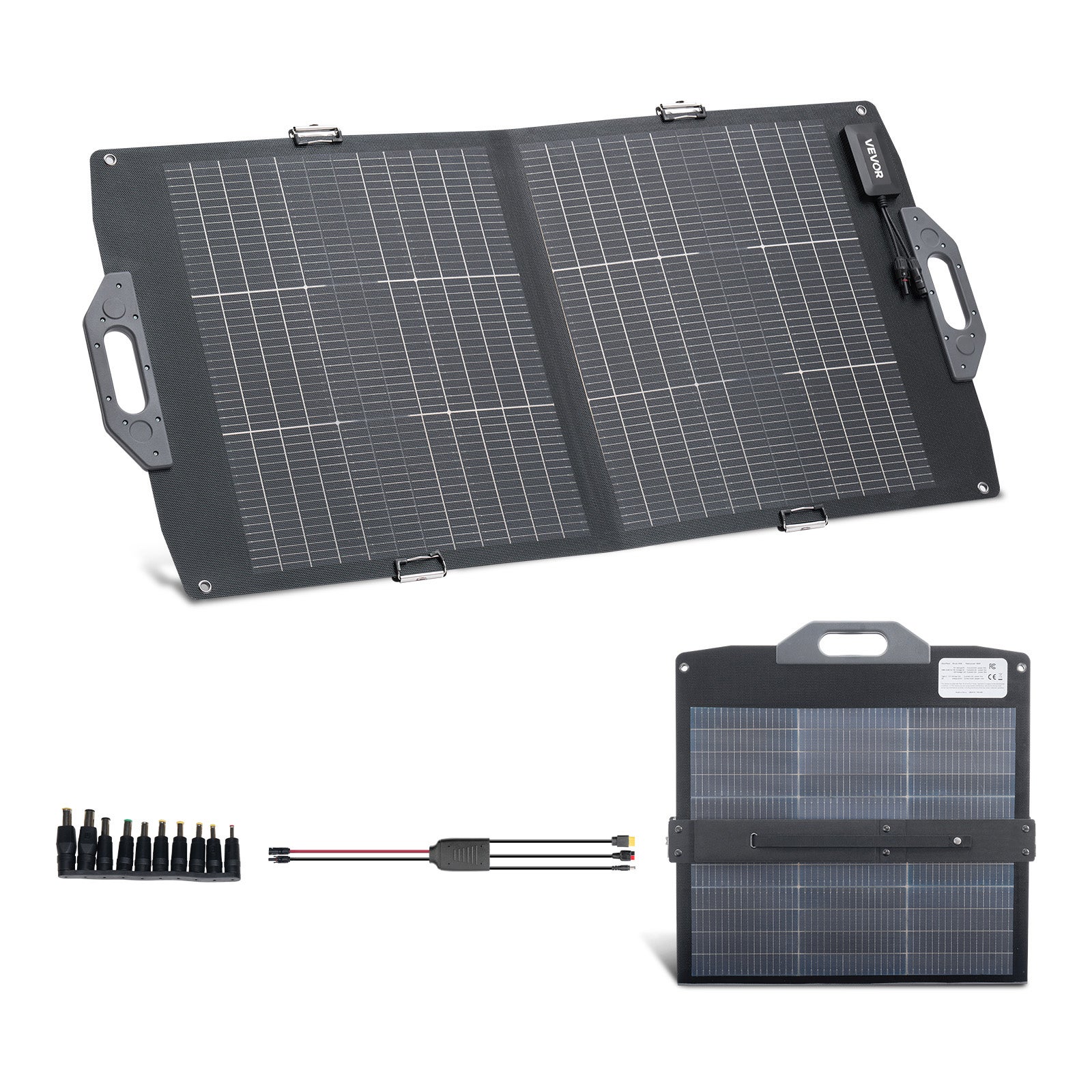 Panou solar portabil VEVOR de 100 W, panou solar bifacial monocristalin pliabil, eficiență de 24%, cu ieșire MC4, porturi USB-A, Type-C și DC