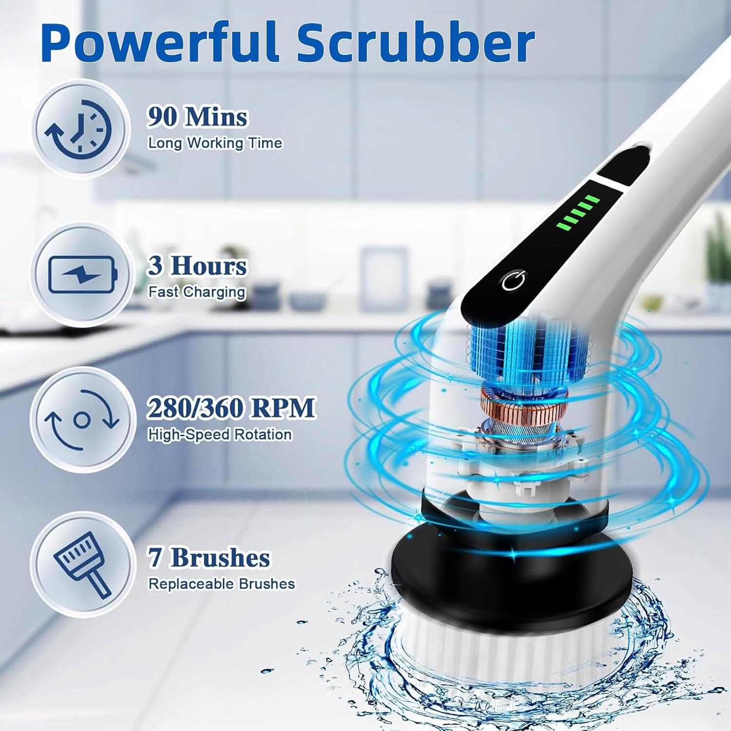 Brosse de Nettoyage éLectrique Rotative, Brosse de Nettoyage de Salle De Bain, 7 TêTes de Brosse RemplaçAbles, Extension RéGlable et 2 Vitesses - 4