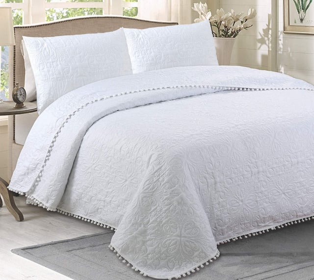 HaraDeco Couvre-lit à pompons blanc pour lit 200, couette d'été unie + 2 taies d'oreiller pour toutes les saisons(300x260cm)