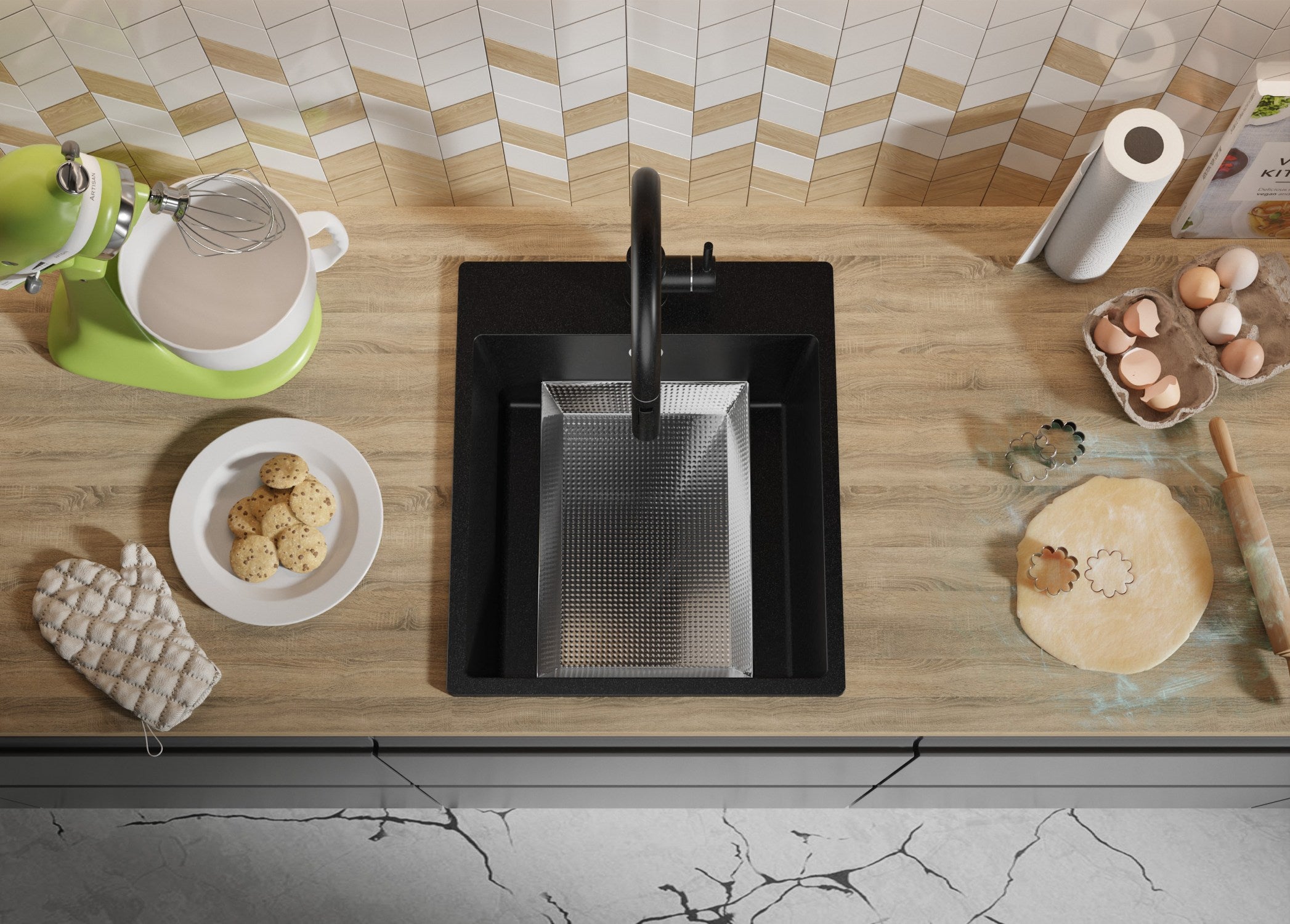 Lavandino da Cucina Nero 43x50cm, Lavello in Granito a 1 vasca + Sifone Classico + Accessori, Lavabo da Cucina Incasso al mobile 45cm PRIMAGRAN - 9