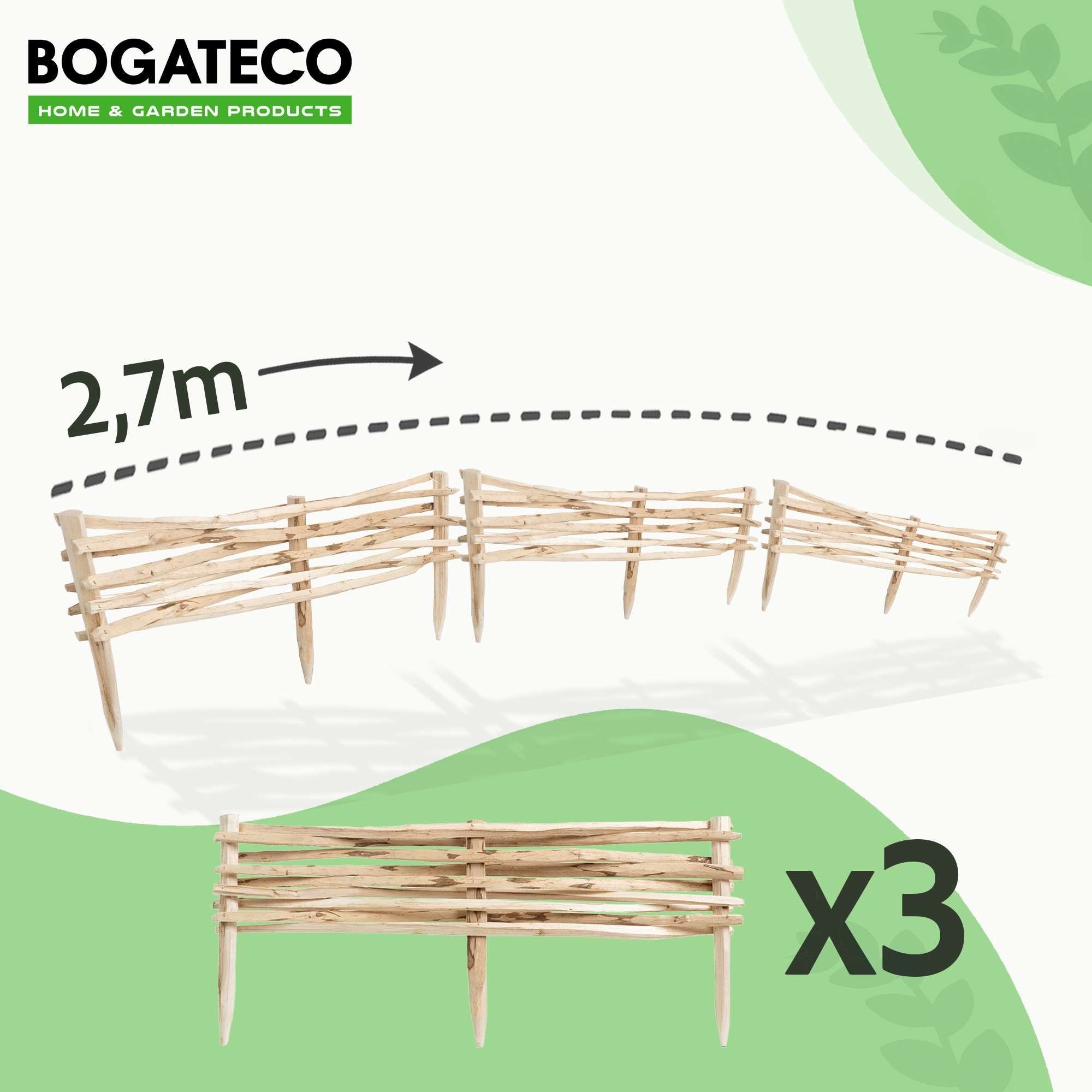 BOGATECO Lot de 3 Bordures de Jardin en Noisetier Naturel - Longueur 90 cm - Hauteur 20 cm - Clôture à Planter - Support de Parterre en Bois - 3