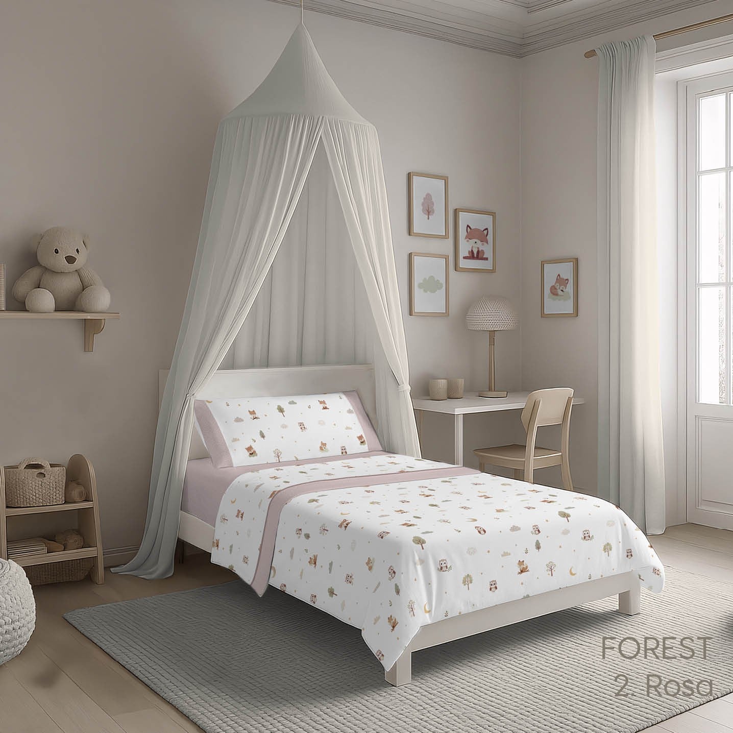 JUEGO DE SÁBANAS INFANTIL MARCA CATOTEX KABELY KIDS MOD. FOREST, COLOR ROSA, CAMA 90 - 3
