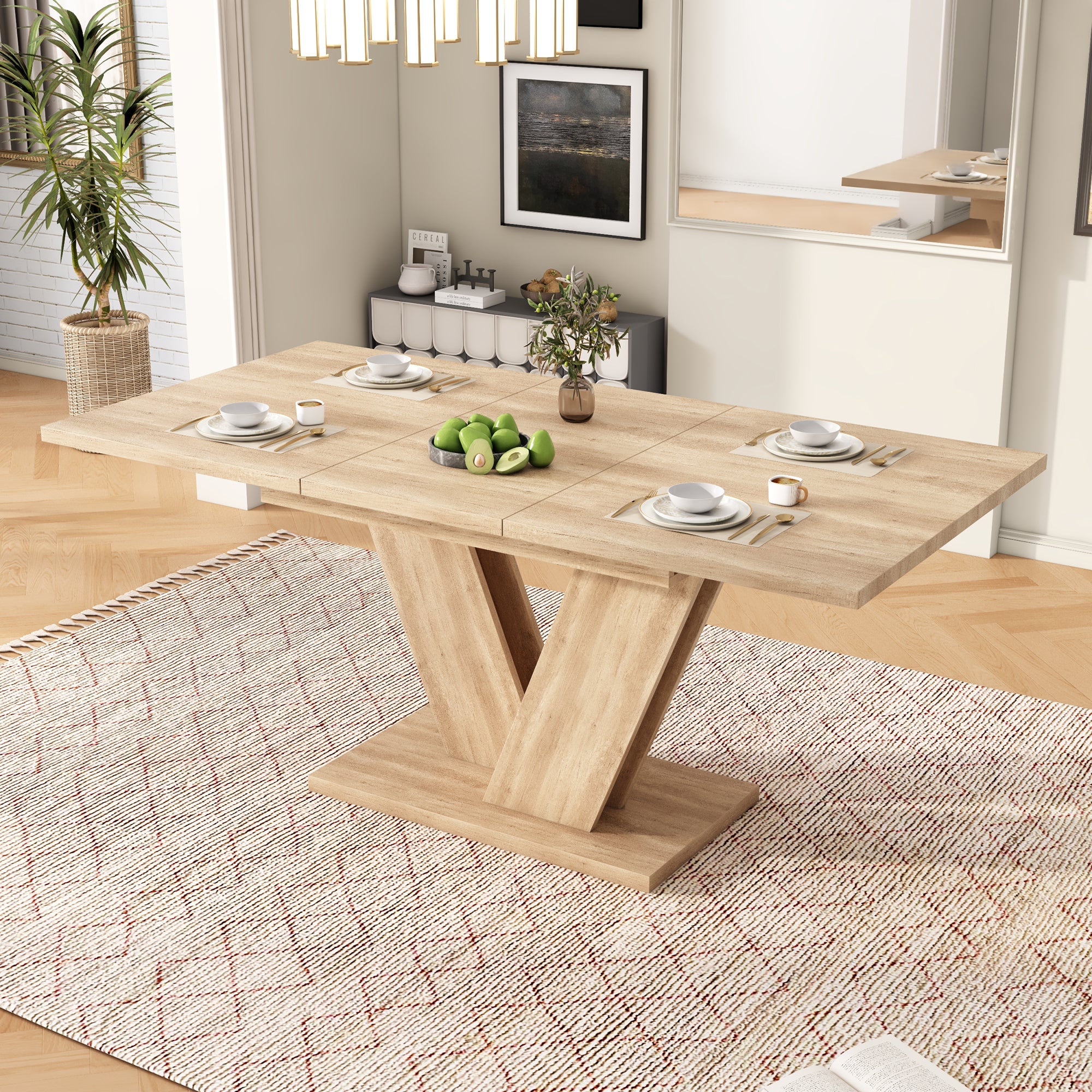 Table à manger extensible 140-180x80 cm pour 4-8 personnes -style minimaliste et Pieds Design en V - design fonctionnel pour salle à manger - Chêne - 3