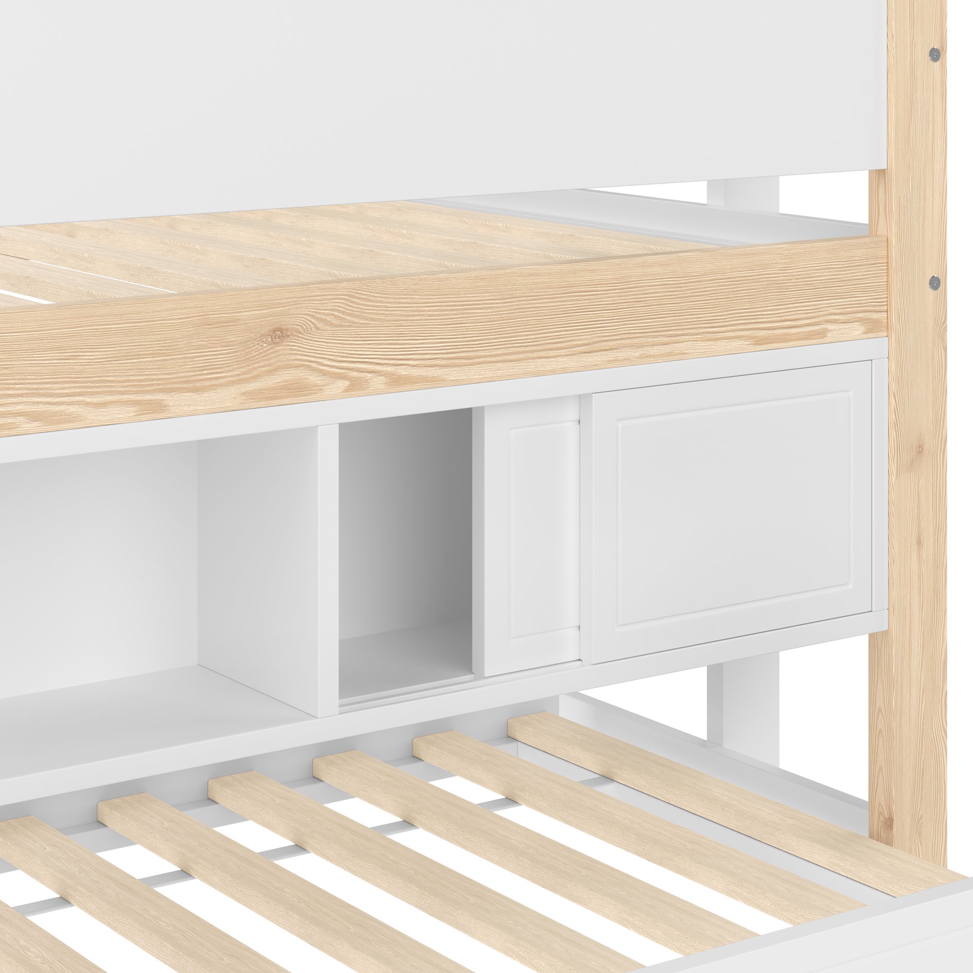 Letto estraibile 90x200 cm con cassetti scorrevoli e spazi aperti, pino bianco e naturale, senza materasso - 8