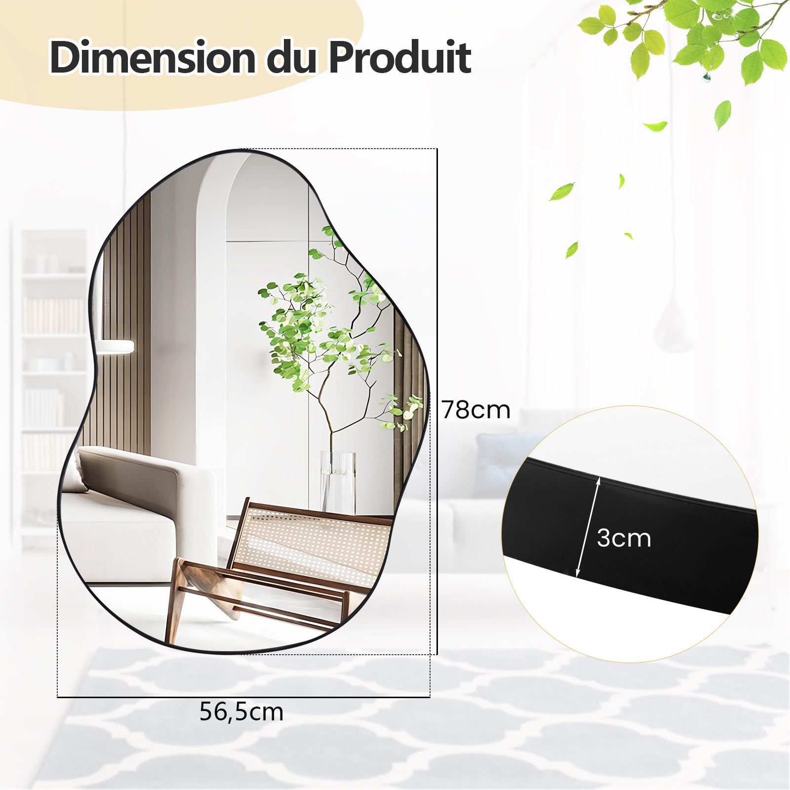 Nieregularne lustro ścienne, asymetryczne lustro, oprawione lustro wiszące, dekoracyjne do korytarza, łazienki, sypialni (czarne, 78 x 56 cm) - 7