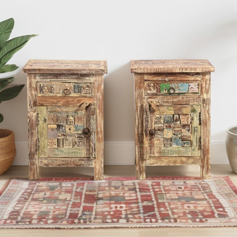 Lot de 2 chevets en bois recyclé coloré blanchi 45cm LILA - L 45 x l 35 x H 60 cm - Kayu Meuble - 2