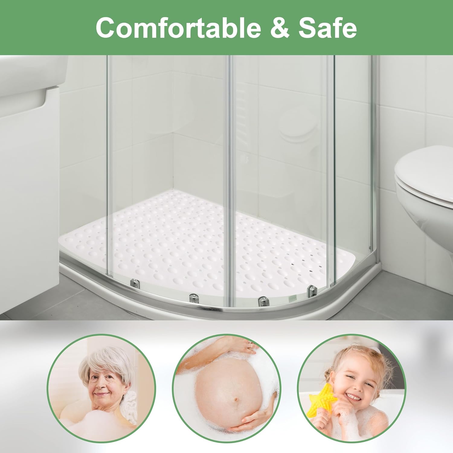 Tapis de Douche d'angle Antidérapant 70x70 cm, avec Ventouses et Trous de Drainage, pour la Douche Intérieure, Tapis de Douche Antidérapant, Blanc - 4