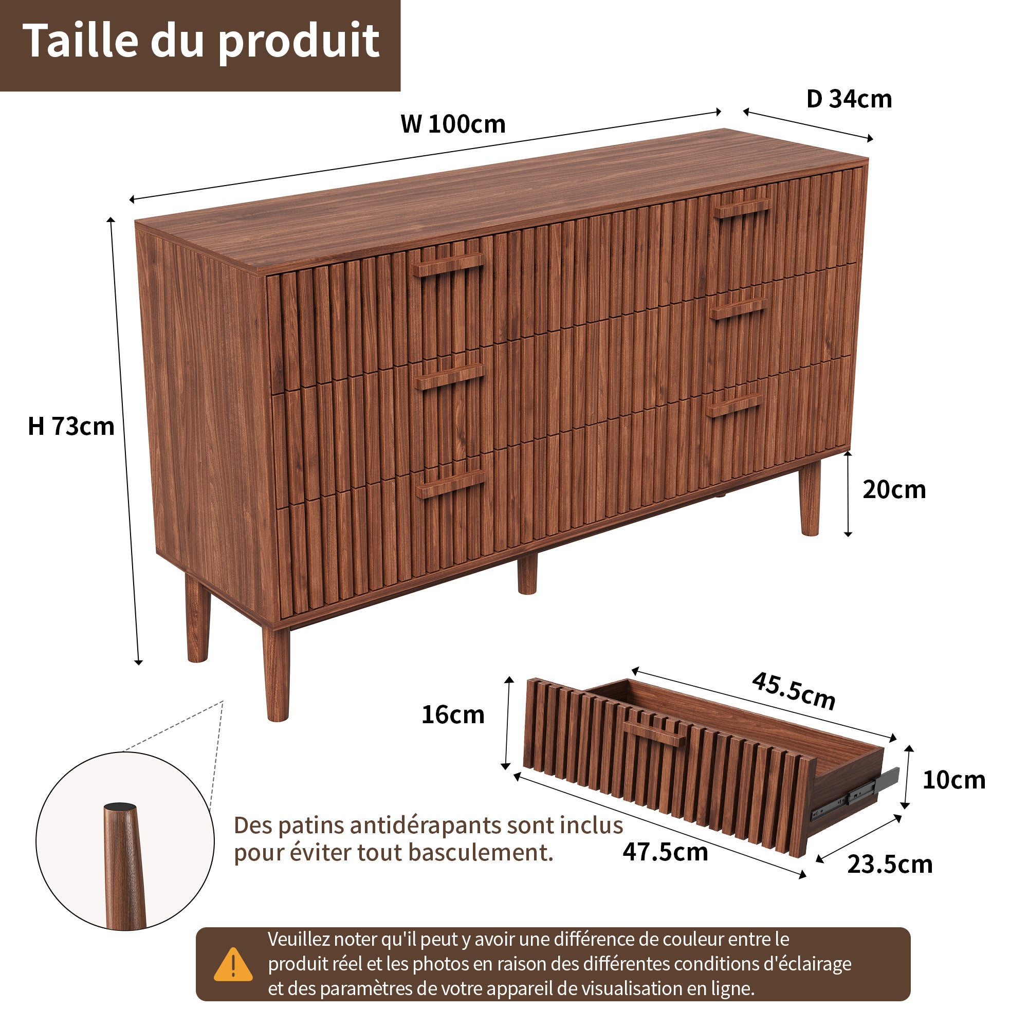 Commode - 6 tiroirs avec poignées - patins antidérapants+conception antidérapante en métal - B100 cm - grand espace de rangement - coloris noyer - 7