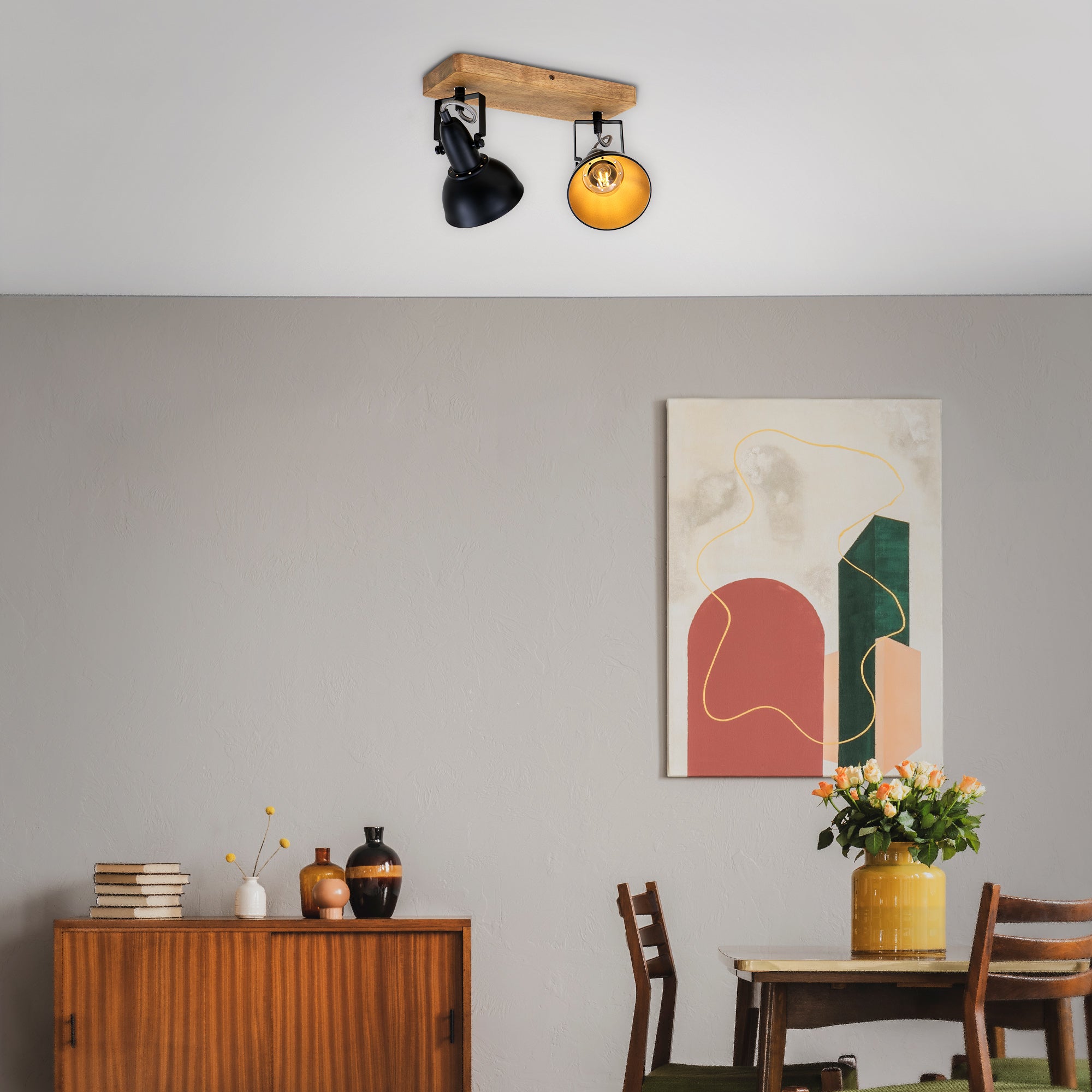 Plafonnier Spot BRILONER LEUCHTEN BARNIM, 25 W, IP20, noir, métal-bois, excl. 2x E14, 28 x 11 x 15,7 cm - 2