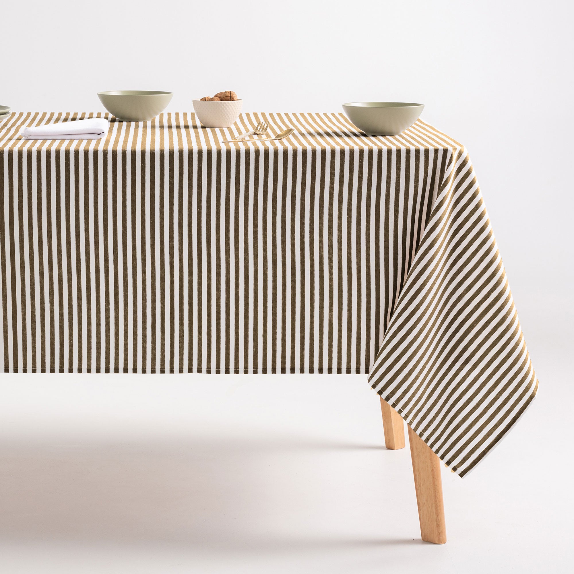 Obrus plamoodporny bawełniany, miękki w dotyku, w paski taupe 160x240 cm - 4