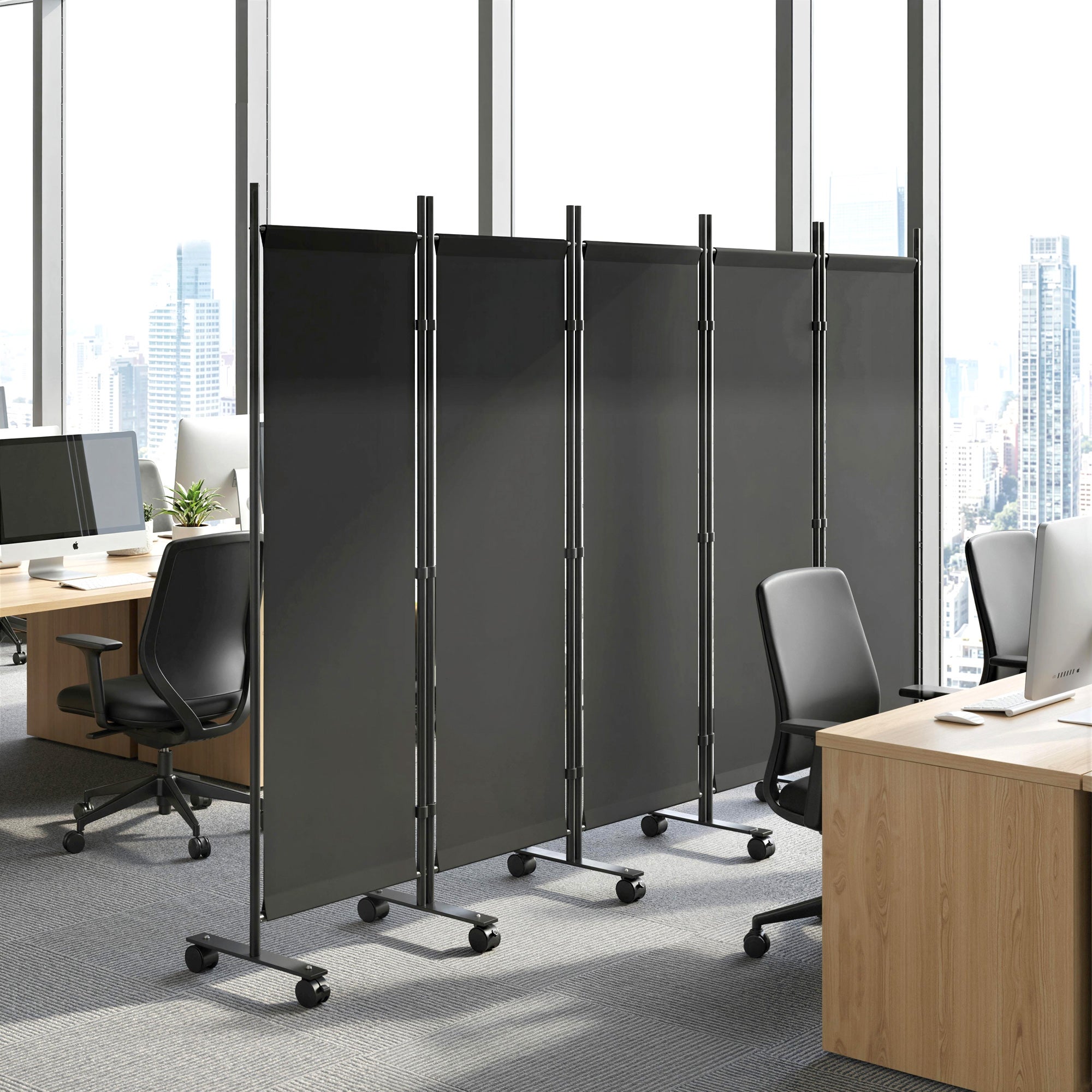 Écran pliant 5 panneaux, 12 roues, 252x170 cm, séparateur pièce personnalisé, noir - 7