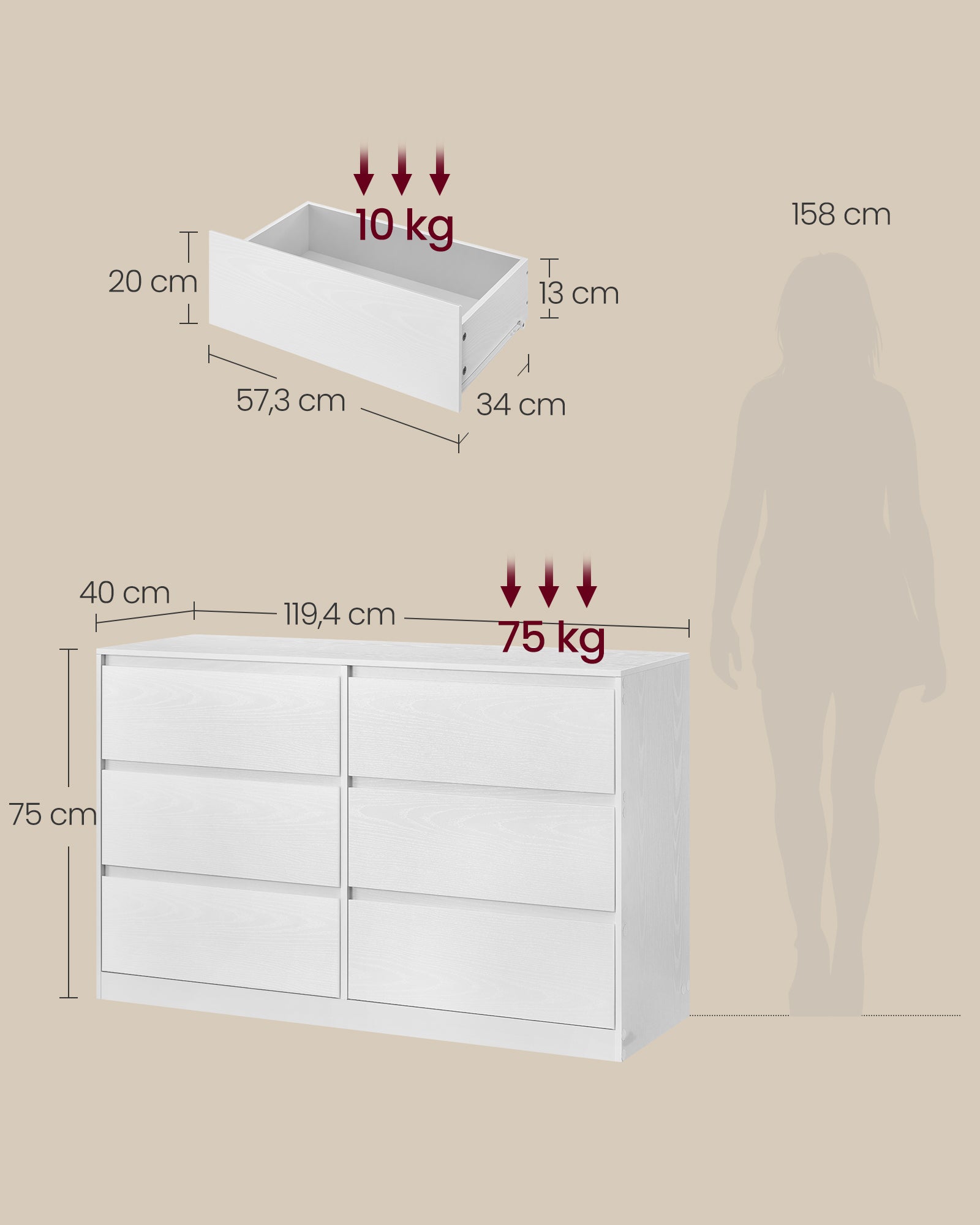 Commode Chambre 6 Tiroirs, Armoire de Rangement, Meuble à Vêtements, 40 x 119,4 x 75 cm, Style Moderne, Blanc Neige - 5