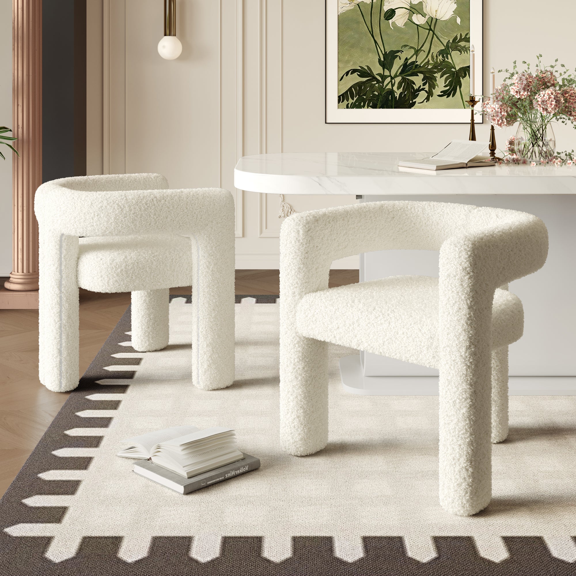BBAUER Poltrona In Velluto Teddy Moderna Con Cuscino, Sedia Singola Per Relax, Imbottita, Struttura Legno, Gambe Oro, Bianco