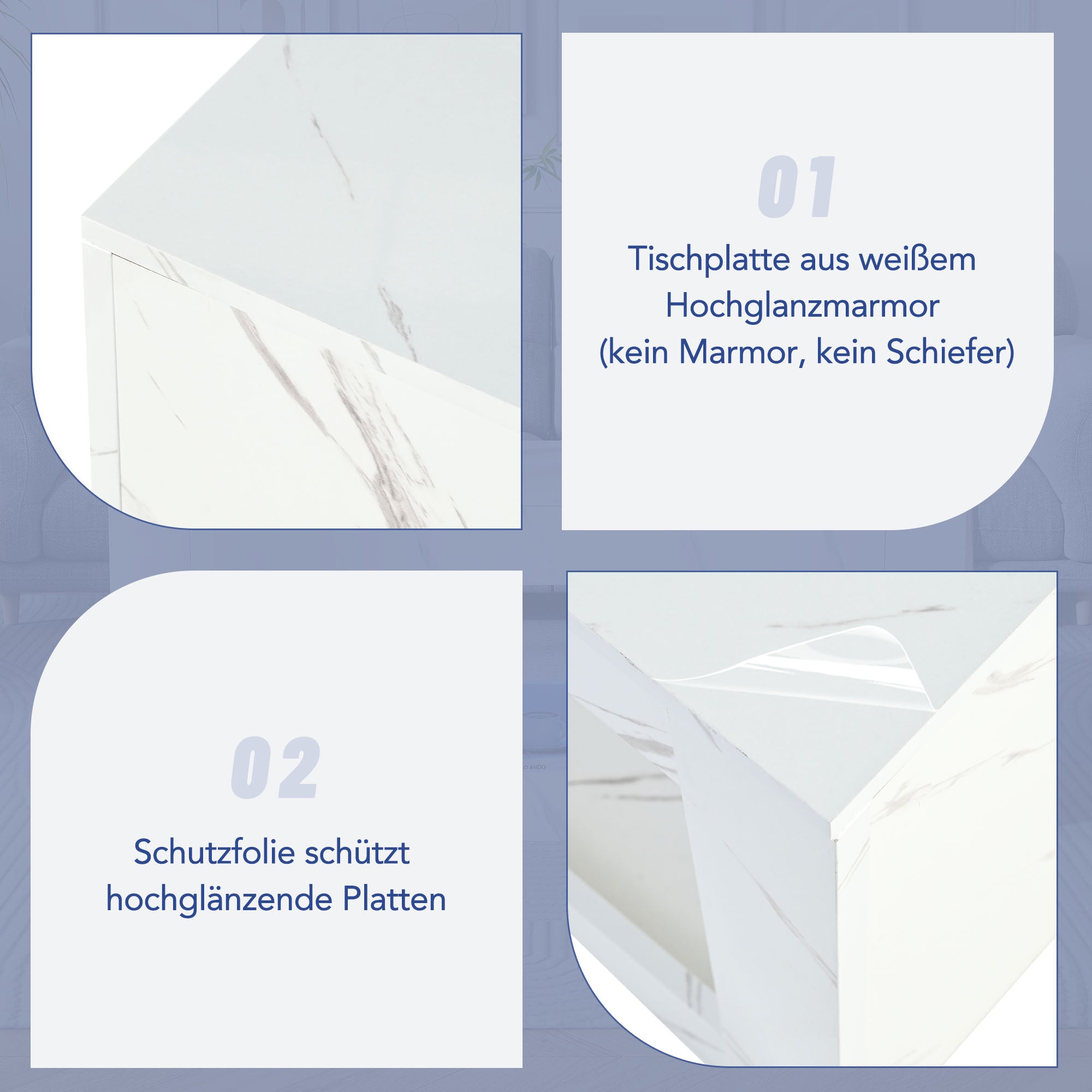 Stolik kawowy z otwartą przegrodą - 100 x 50 x 50 cm - Płyta wiórowa - Diody LED - Wzór marmurowy - Biały - 4