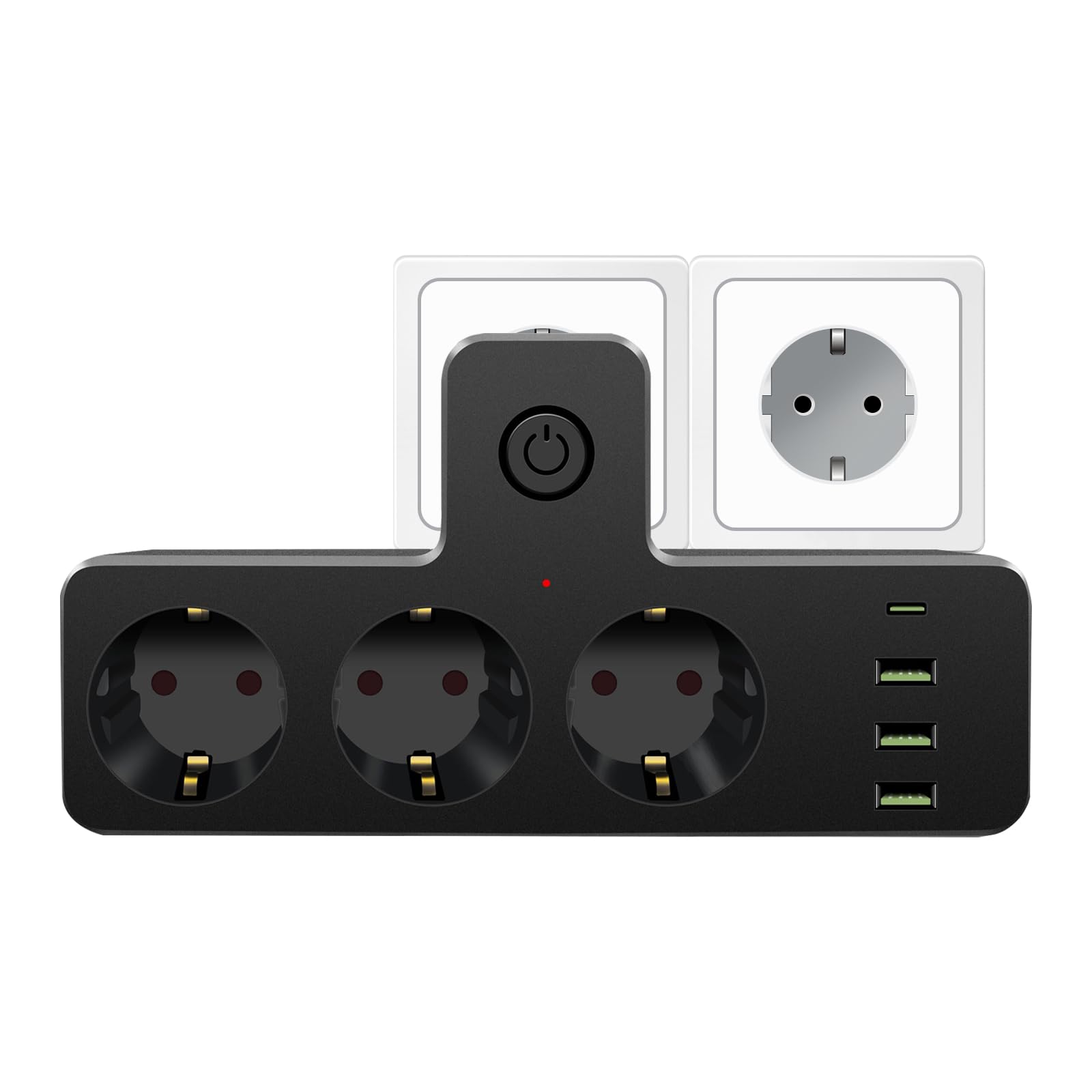 Listwa zasilająca ścienna, 7 w 1 Rozgałęźnik 3 USB i 1 Type C z wyłącznikiem, Przedłużacz 3 gniazda do domu, biura (czarny)