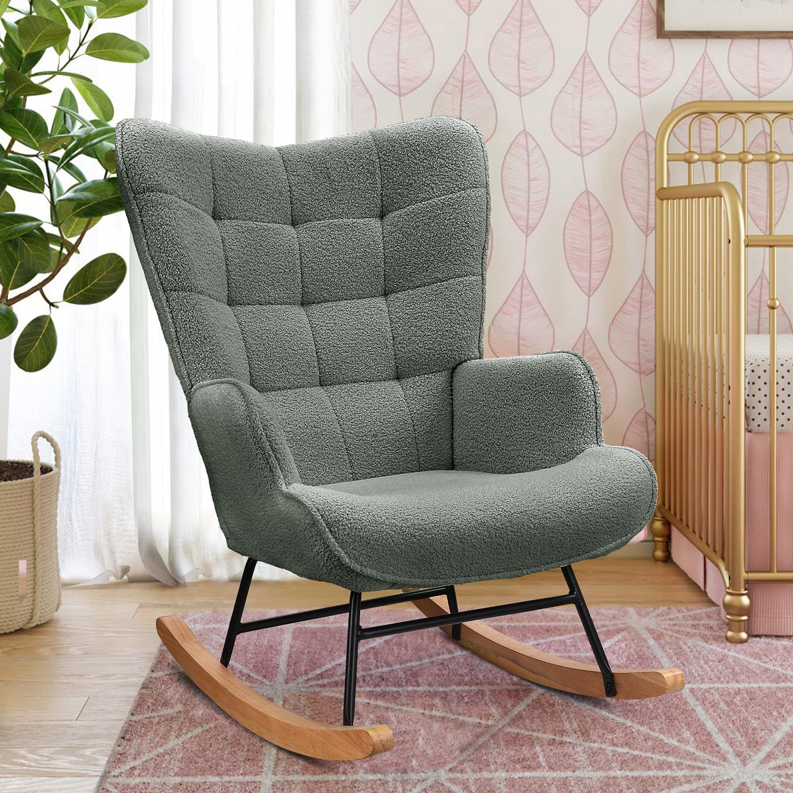 Fauteuil à bascule, d'allaitement, de salon, à bascule, avec structure en métal et base en bois, charge maximale:150 kg, tissu en peluche, Gris foncé - 2