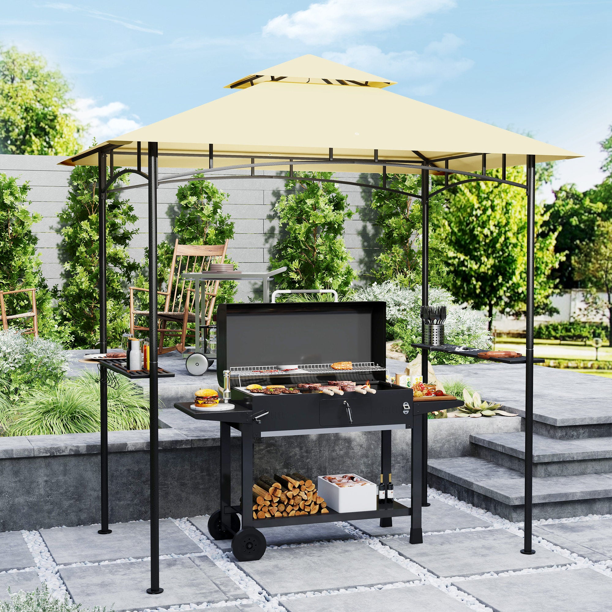 Pavillon de jardin avec barbecue, éclairage LED, 240 x 150 x 258 cm, hydrofuge et ignifugé, à double toiture. - 3