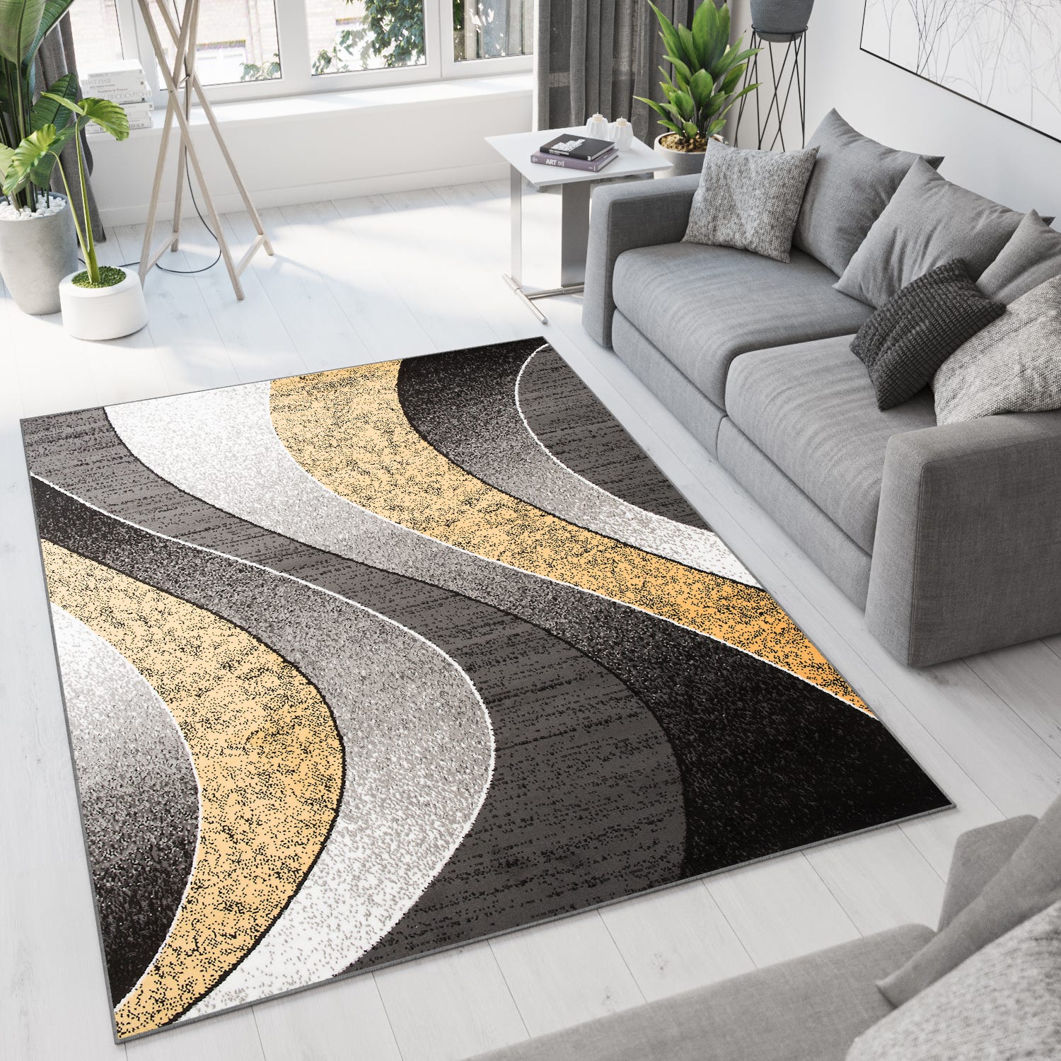TAPISO Dream Tapis Salon Chambre Jaune Gris Noir Ondes Vagues Léger ...
