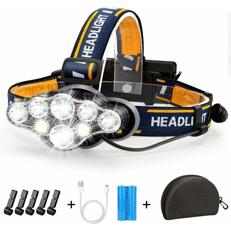Akumulatorowa lampa czołowa - Ulepszona w 2022 r., 22000 lumenów, 10 diod LED, 10 trybów, super jasna, czołówka bez użycia rąk, latarka