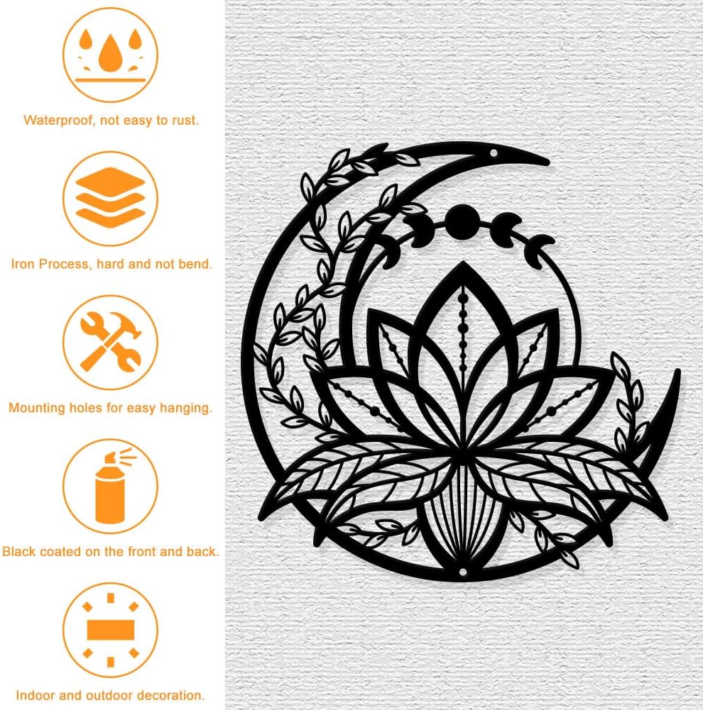 Phase de Lune avec Fleur de Lotus Décoration Murale en Métal, Décor Mural Suspendu de Style Mat Art Mural de Silhouette pour la Maison Jardin Hôtel - 3