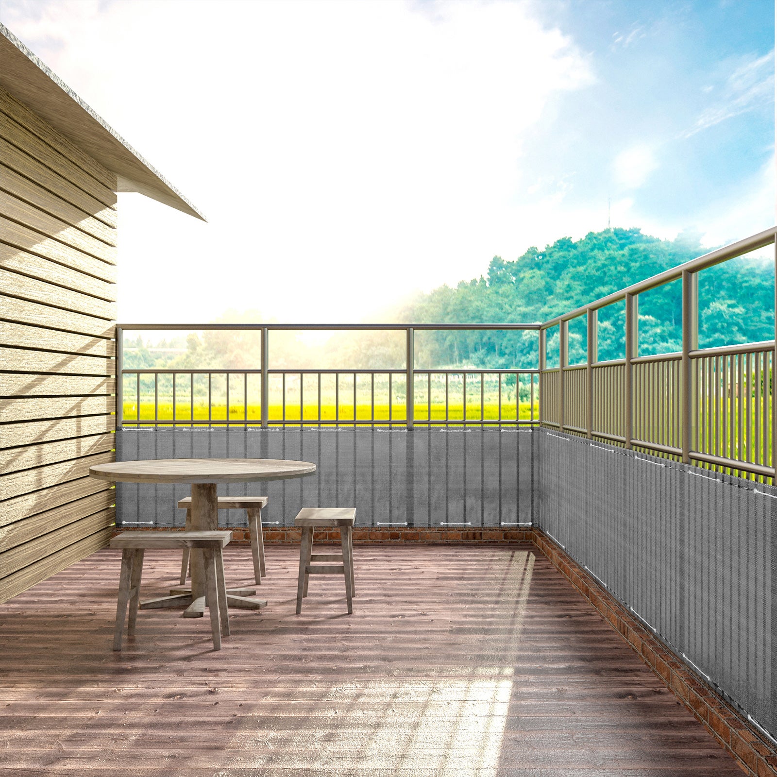 Telo Copribalcone Tinta Unita 90 x 500 Cm HDPE UV Frangivento Con Occhielli e 24 Metri Corda Schermo Privacy Terrazzo - Grigio - 2