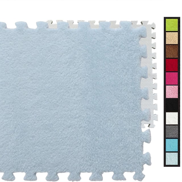Lot de 24 dalles de moquette en mousse emboîtables, tapis de sol en mousse puzzle pelucheux 30 x 30 cm avec bords, tapis antidérapants bleu clair