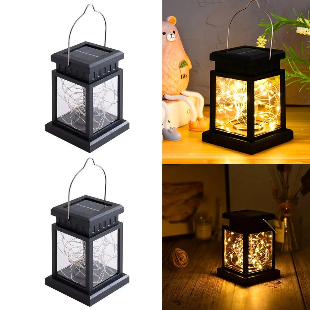 Dwa zestawy zewnętrznych lamp solarnych, nastrojowe, wiszące girlandy świetlne LED w ciepłym kolorze do dekoracji ogrodu