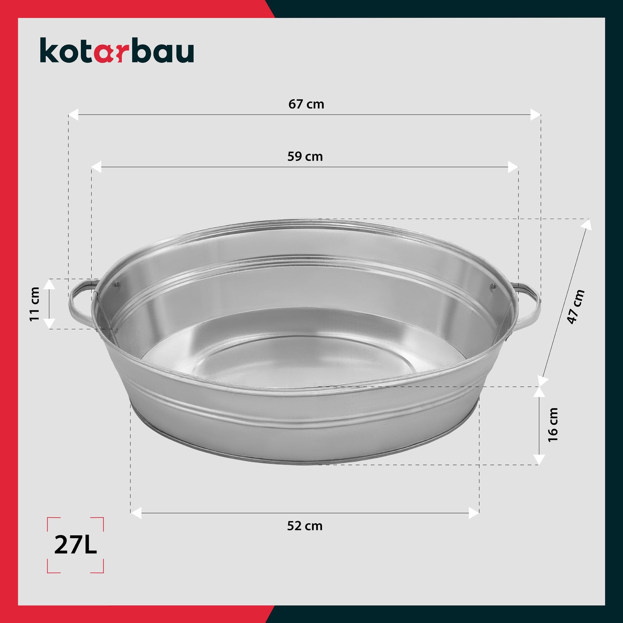 Bassine Zinc - Acier Galvanisé - 27L - Argent - Jardiniere Zinc - avec Poignées - Rustique KOTARBAU - 3