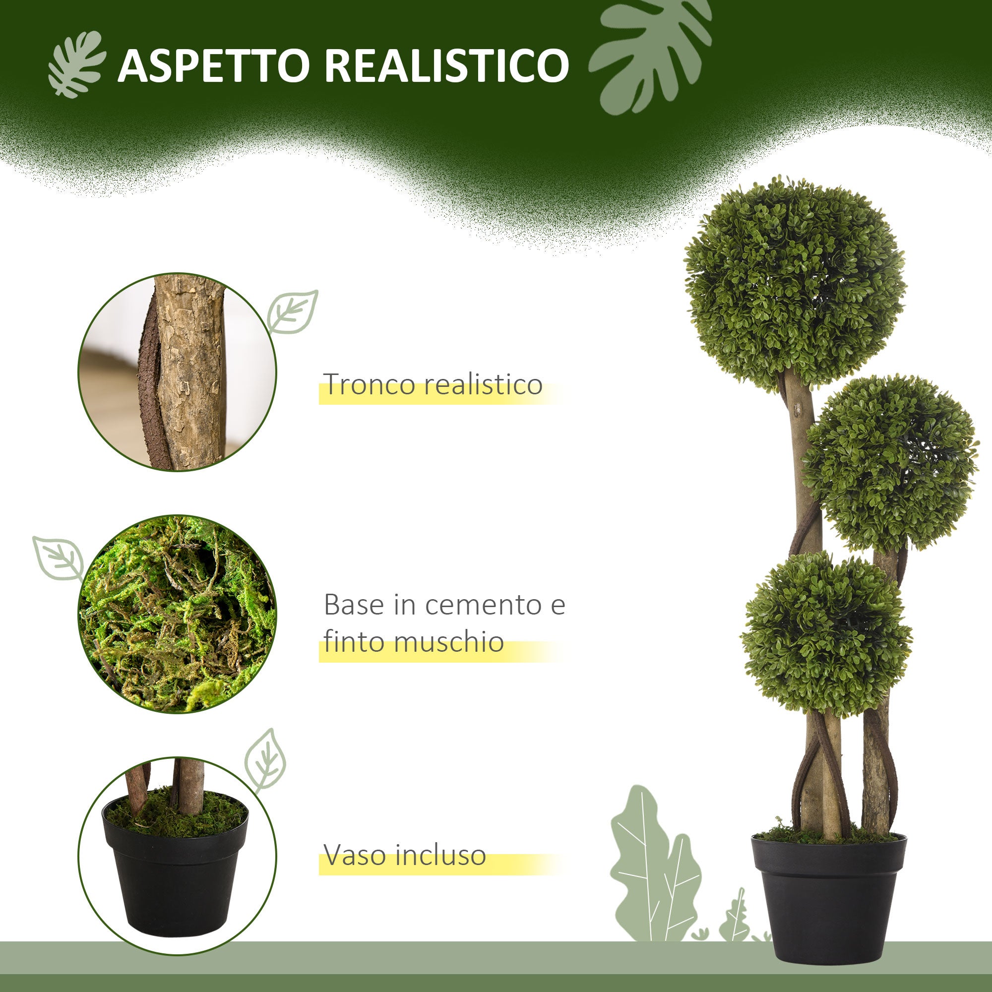 Plante artificielle de buis avec 3 boules, fausse plante pour l'intérieur et l'extérieur, pot inclus et base renforcée, hauteur 90 cm - 5