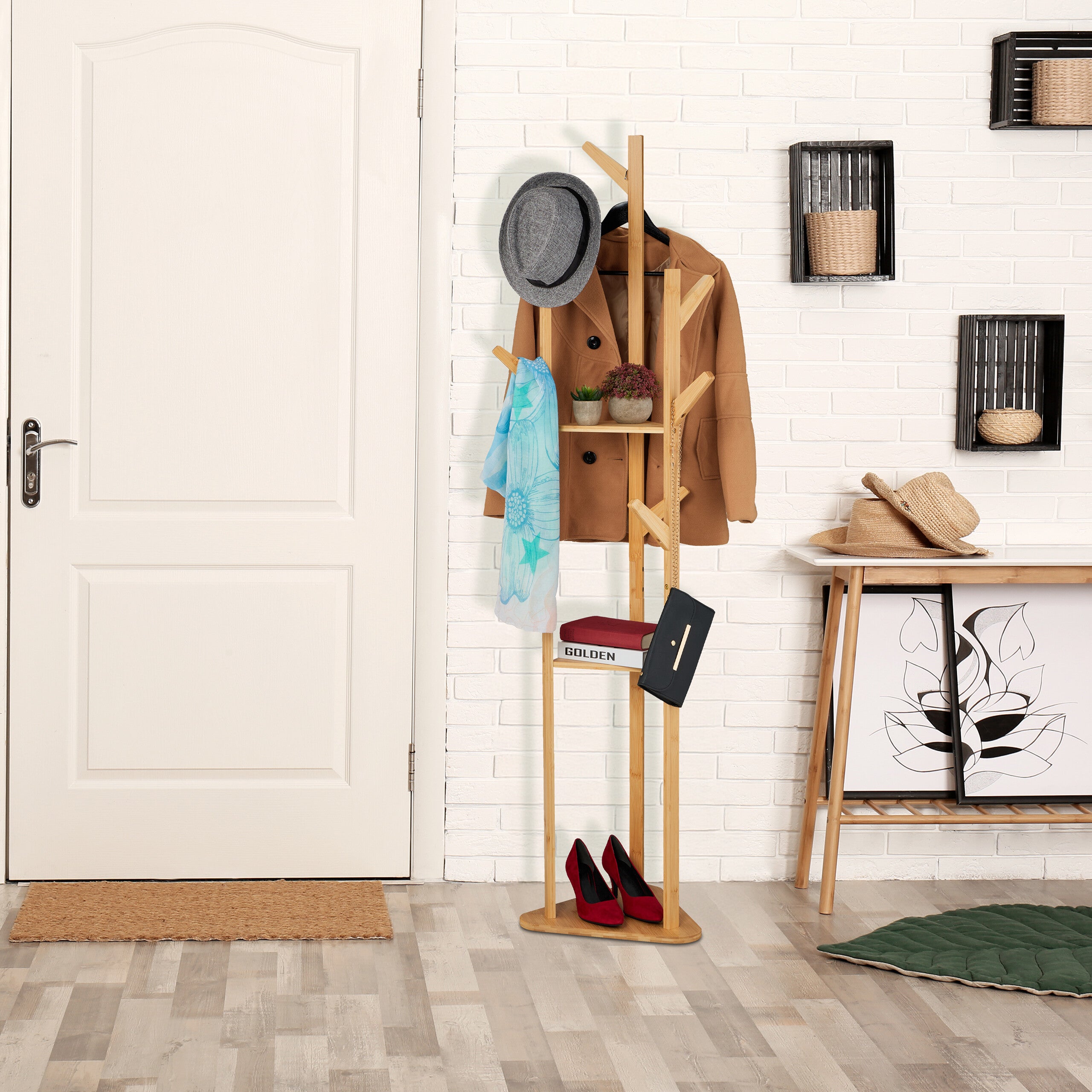 Relaxdays Portemanteau En Bambou, Avec 3 étagères Et 3